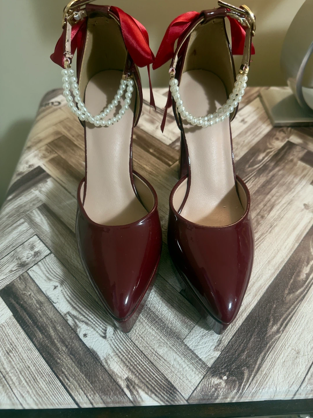 Women's Burgundy Patent Chunky Heel Pumps with Bows and Pearls