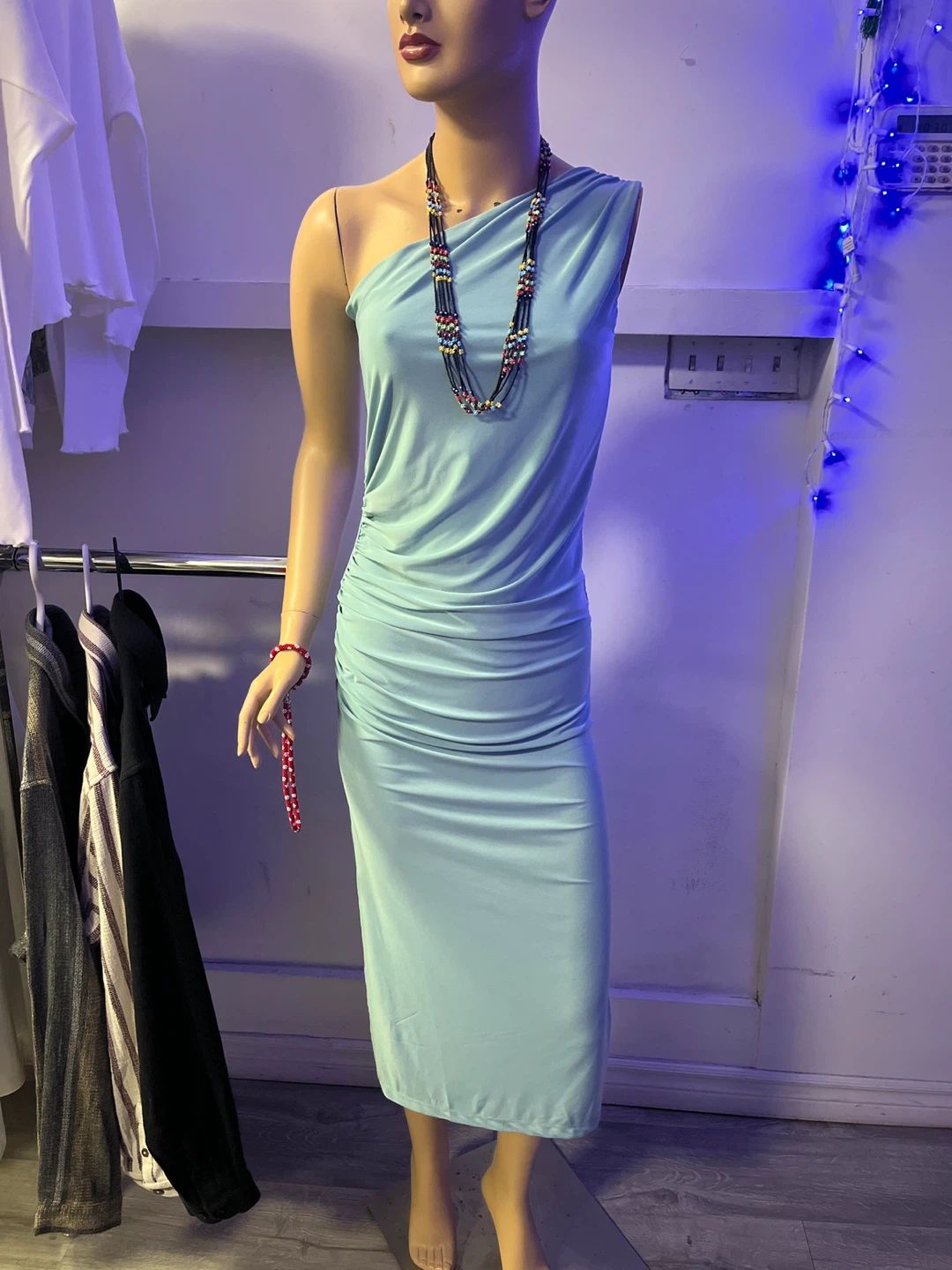 Light Blue One-Shoulder Ruched Dress 4 colours