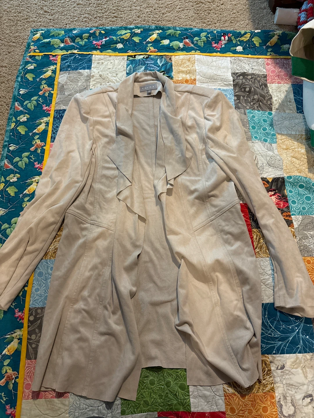 Laura Beige Suede-like Drape Front Jacket - Size 12