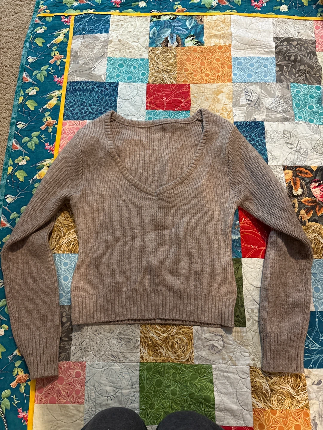Ribbed V-Neck Sweater - Taupe
