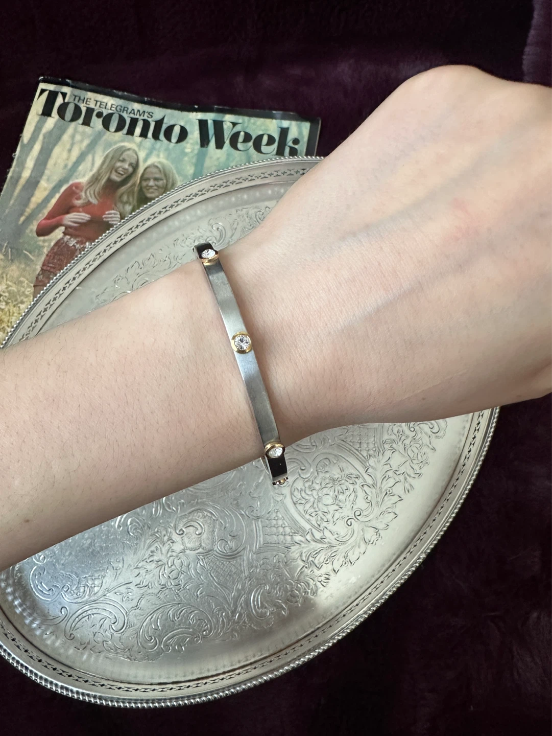 Silver Tone Bangle with Crystal Accents