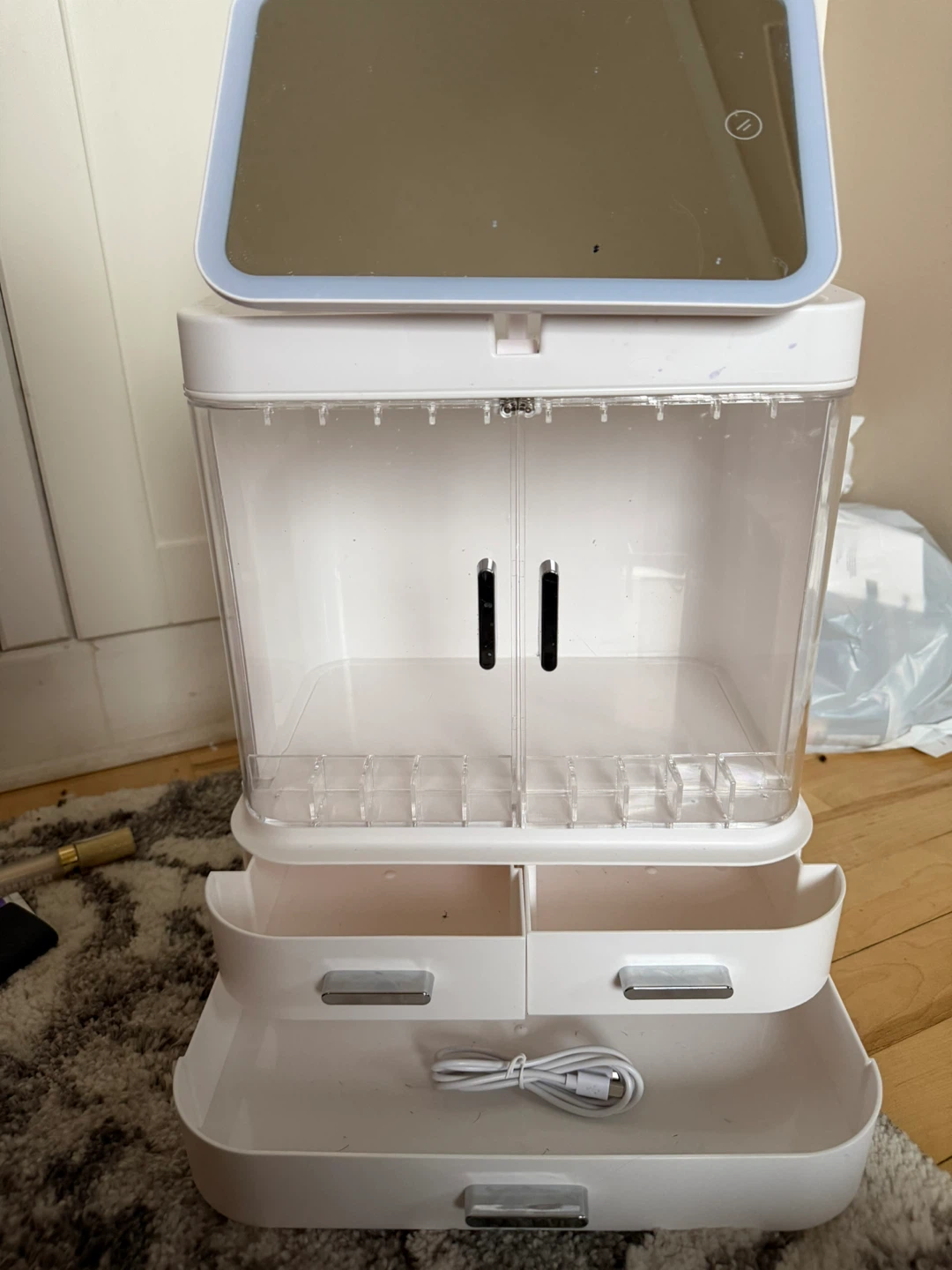 White Makeup Organizer with Mirror and USB Light