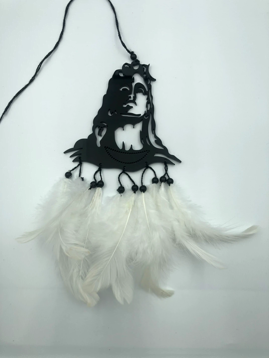 Black Shiva Face Dream Catcher with White Feathers