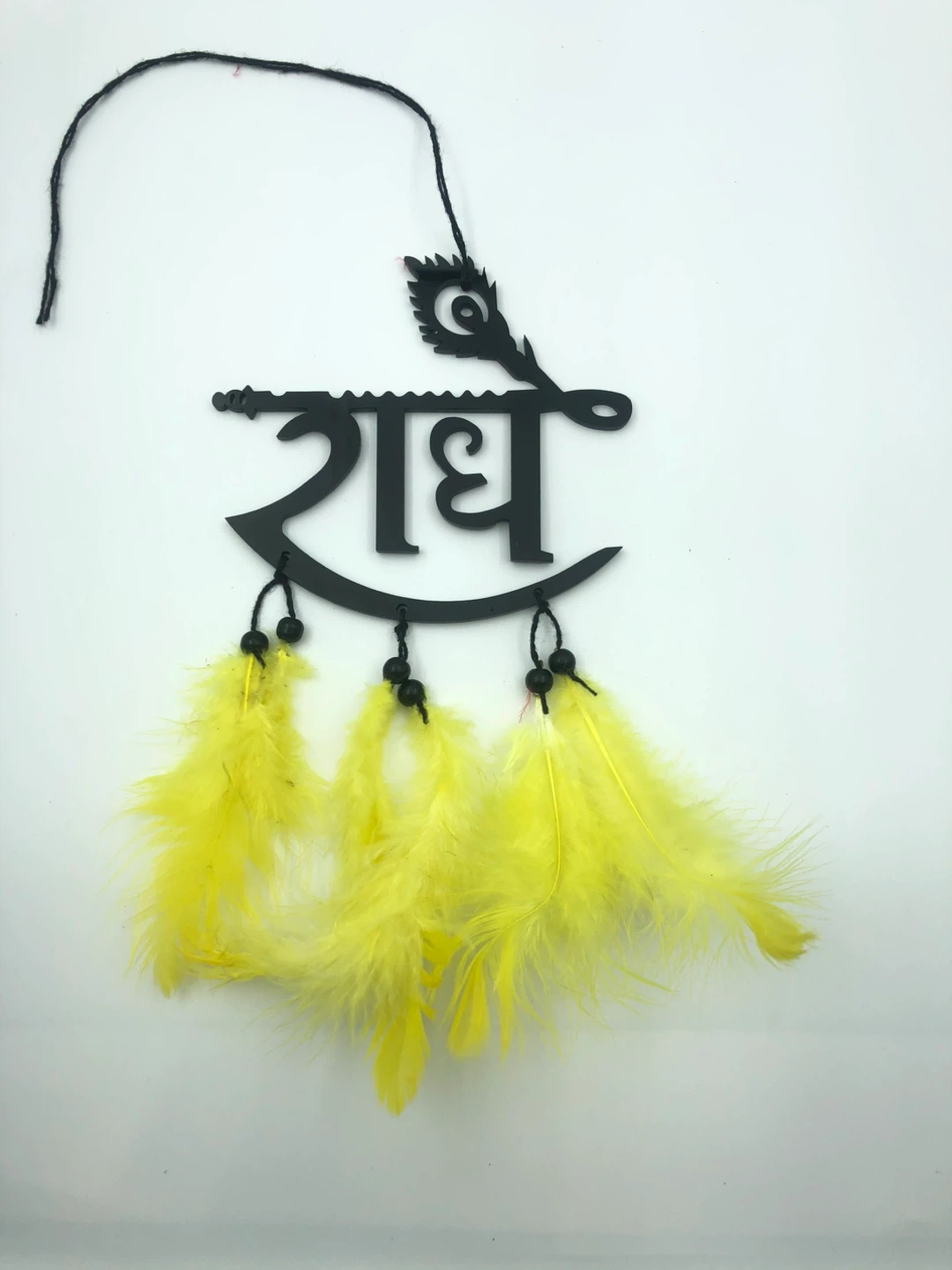 Black Radha Wall /car Hanging with Yellow Feathers