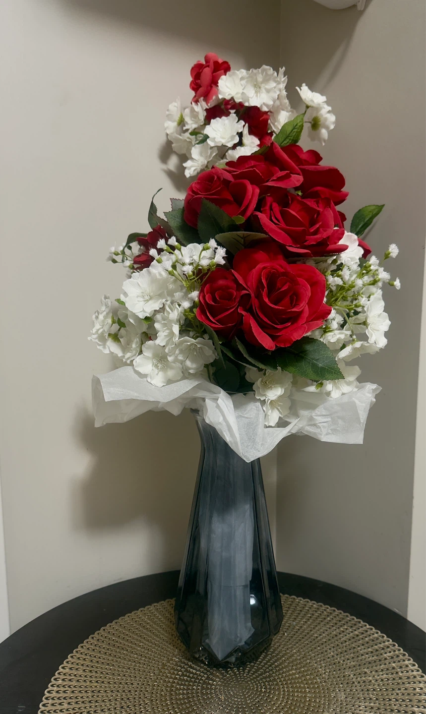 Artificial Rose and White Flower Arrangement in Grey Vase