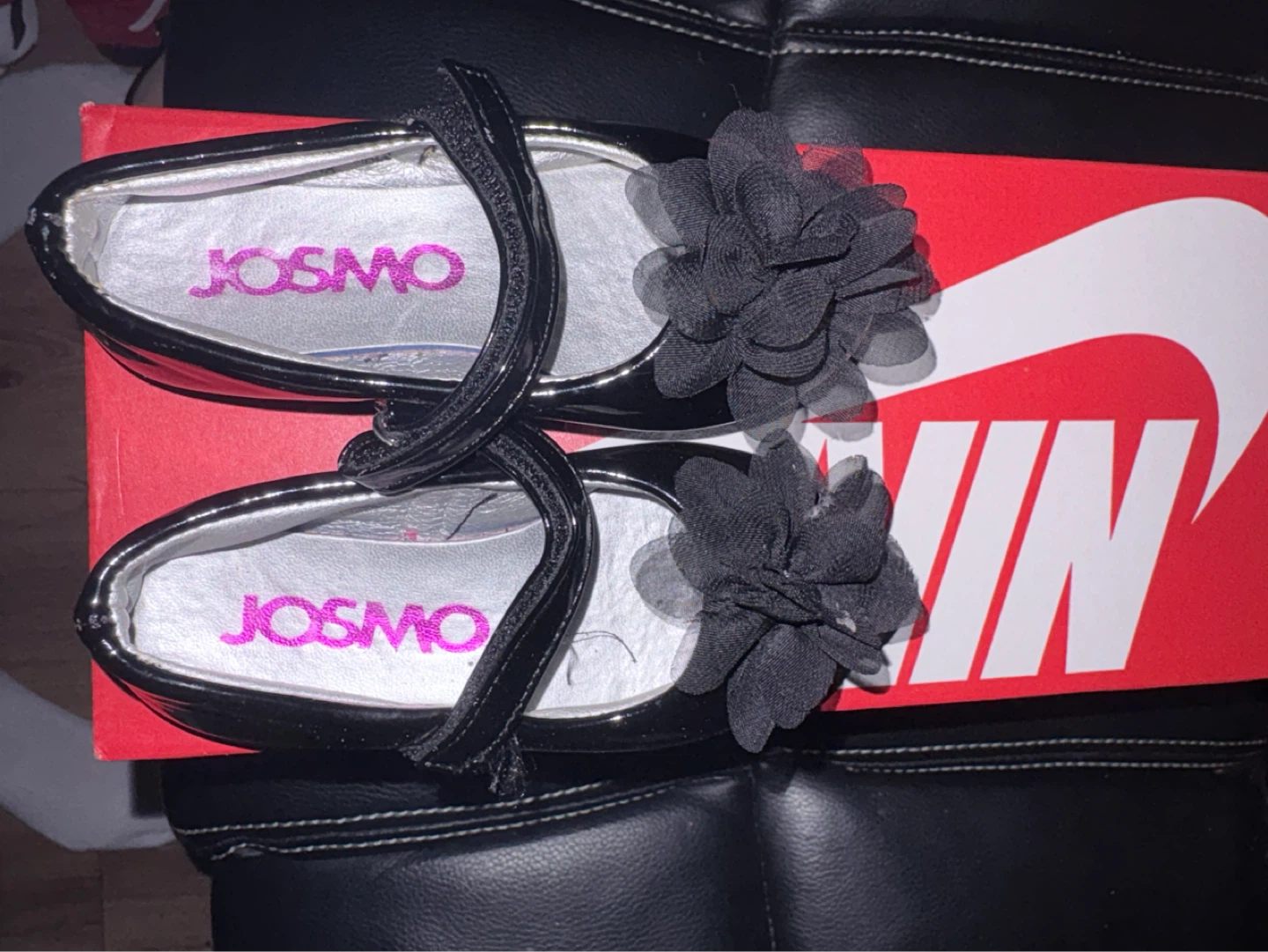 Josmo Black Patent Mary Jane Flats with Flower Detail