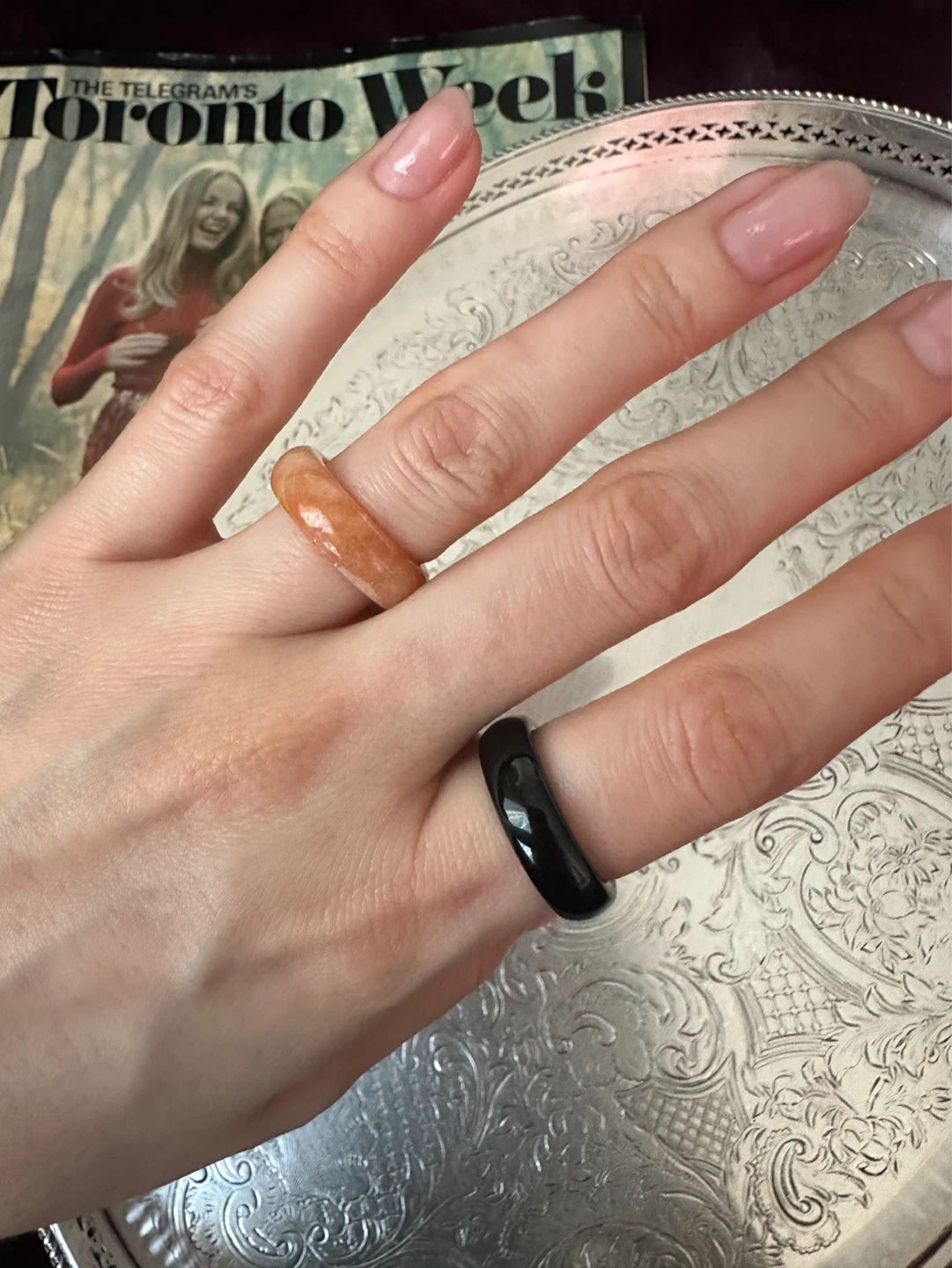 Set of 2 Natural Stone Band Rings - Orange & Black