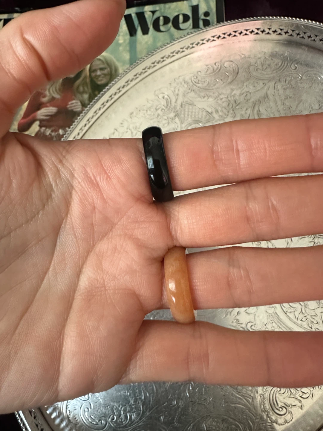 Set of 2 Natural Stone Band Rings - Orange & Black - photo 2