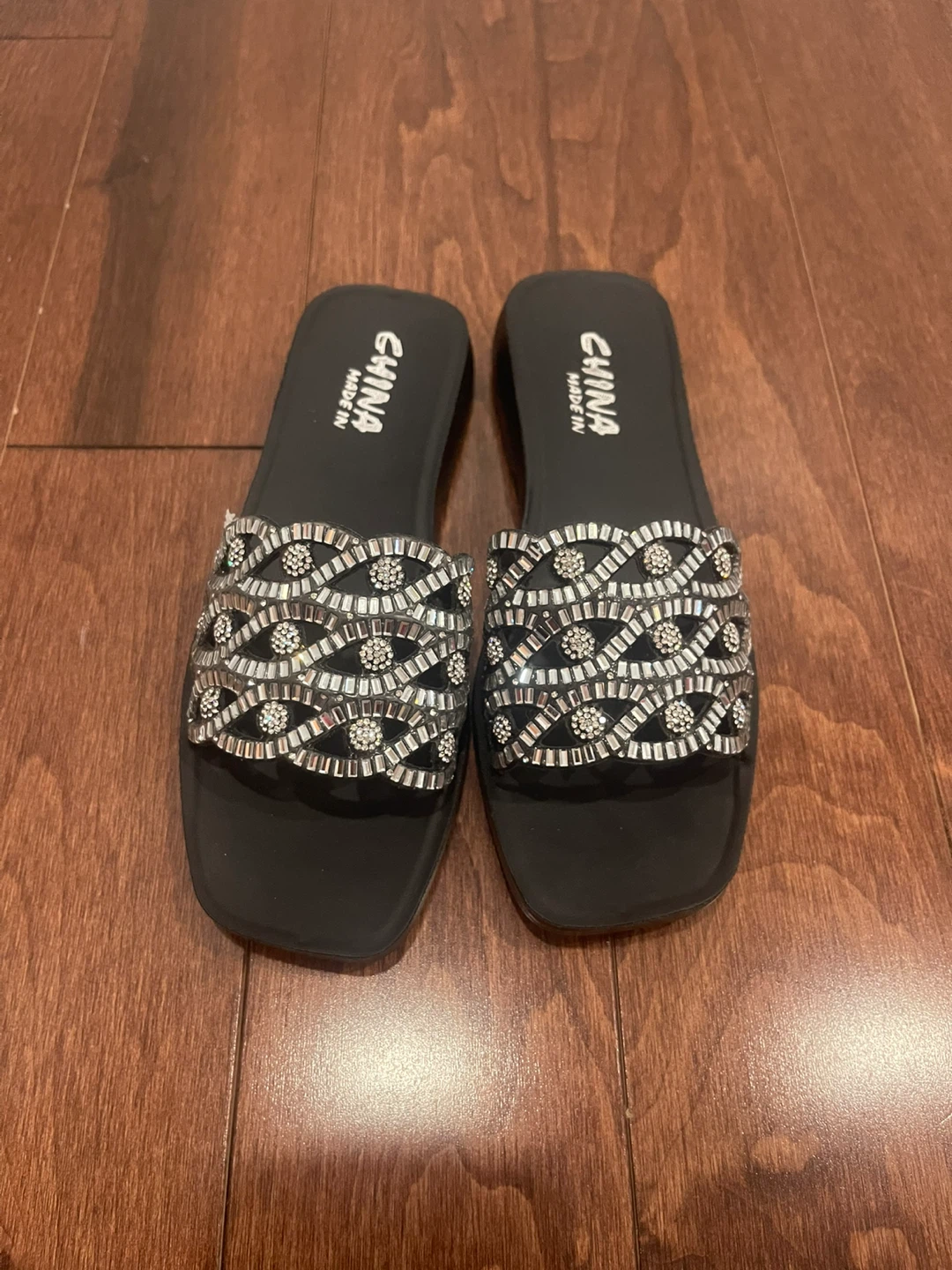 Women's Black Embellished Slide Sandals