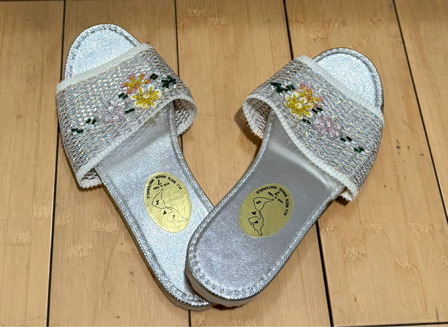 Silver Beaded Floral Slippers - Size 7
