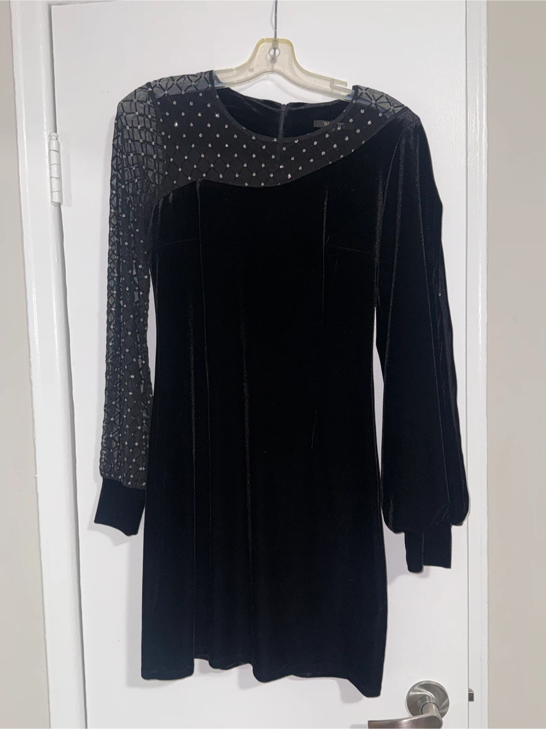 Tanita Romano Black Velvet Dress with Sequin Sleeves - Size M