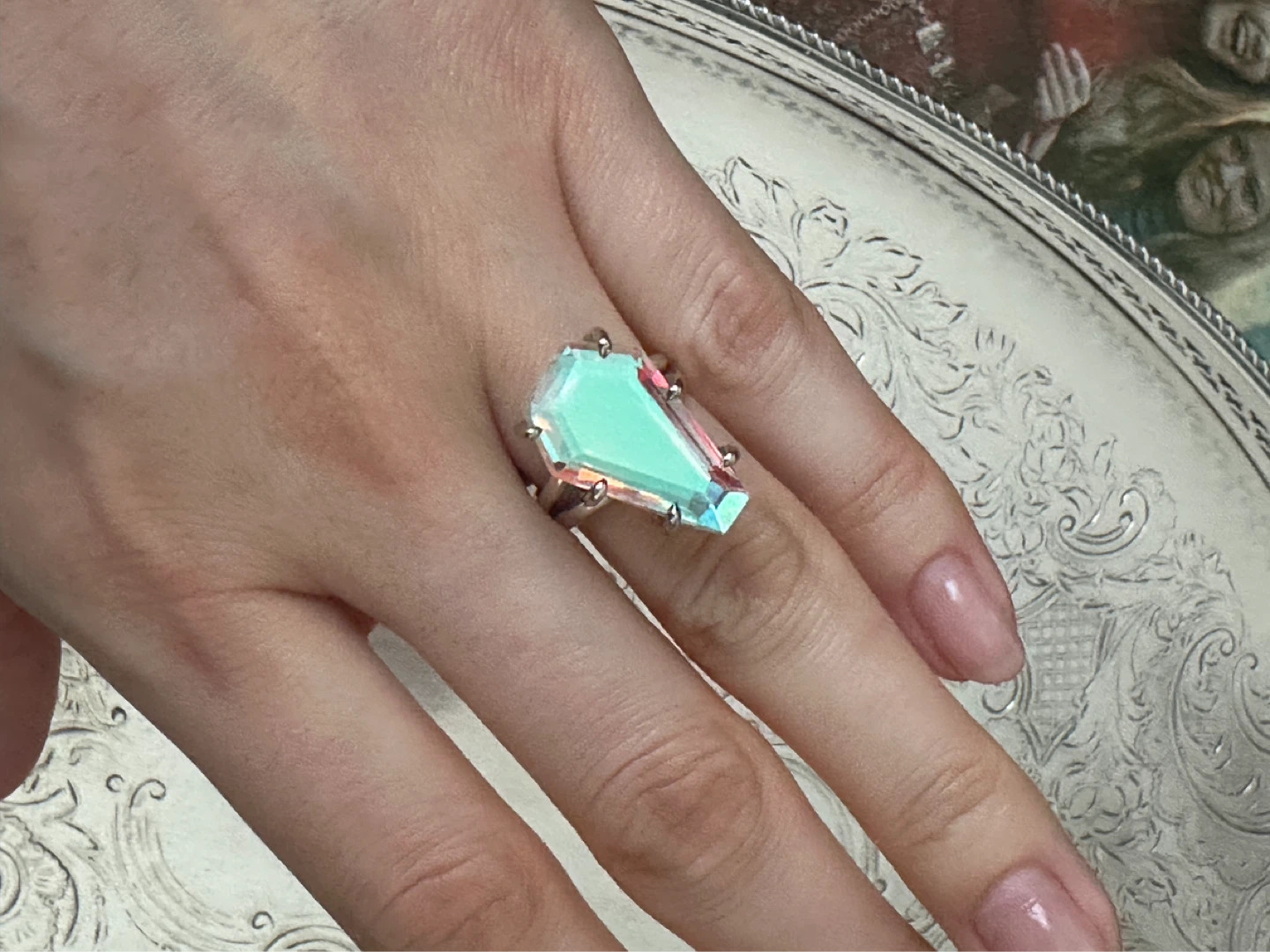 925 silver Coffin Cut Iridescent Crystal Ring
