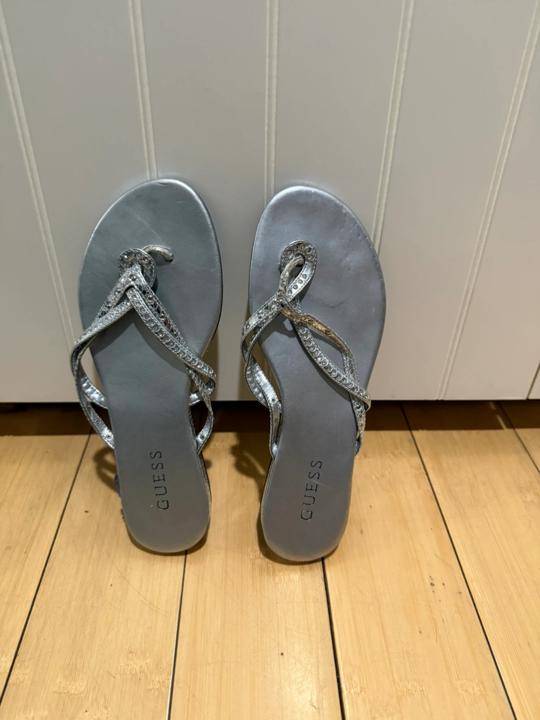 Guess Silver Embellished Flip Flops - Size 6.5