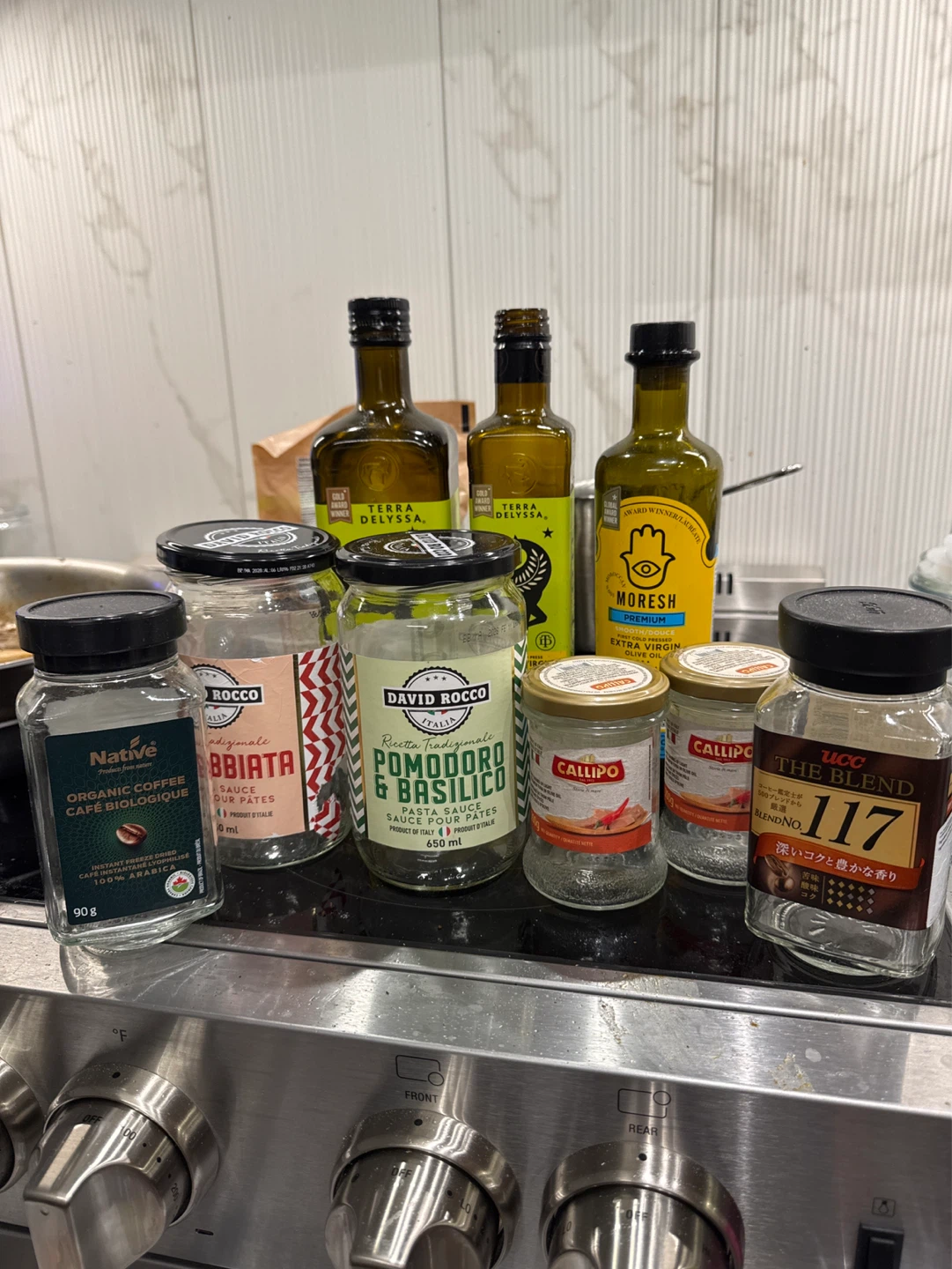 Empty glass bottles and jars