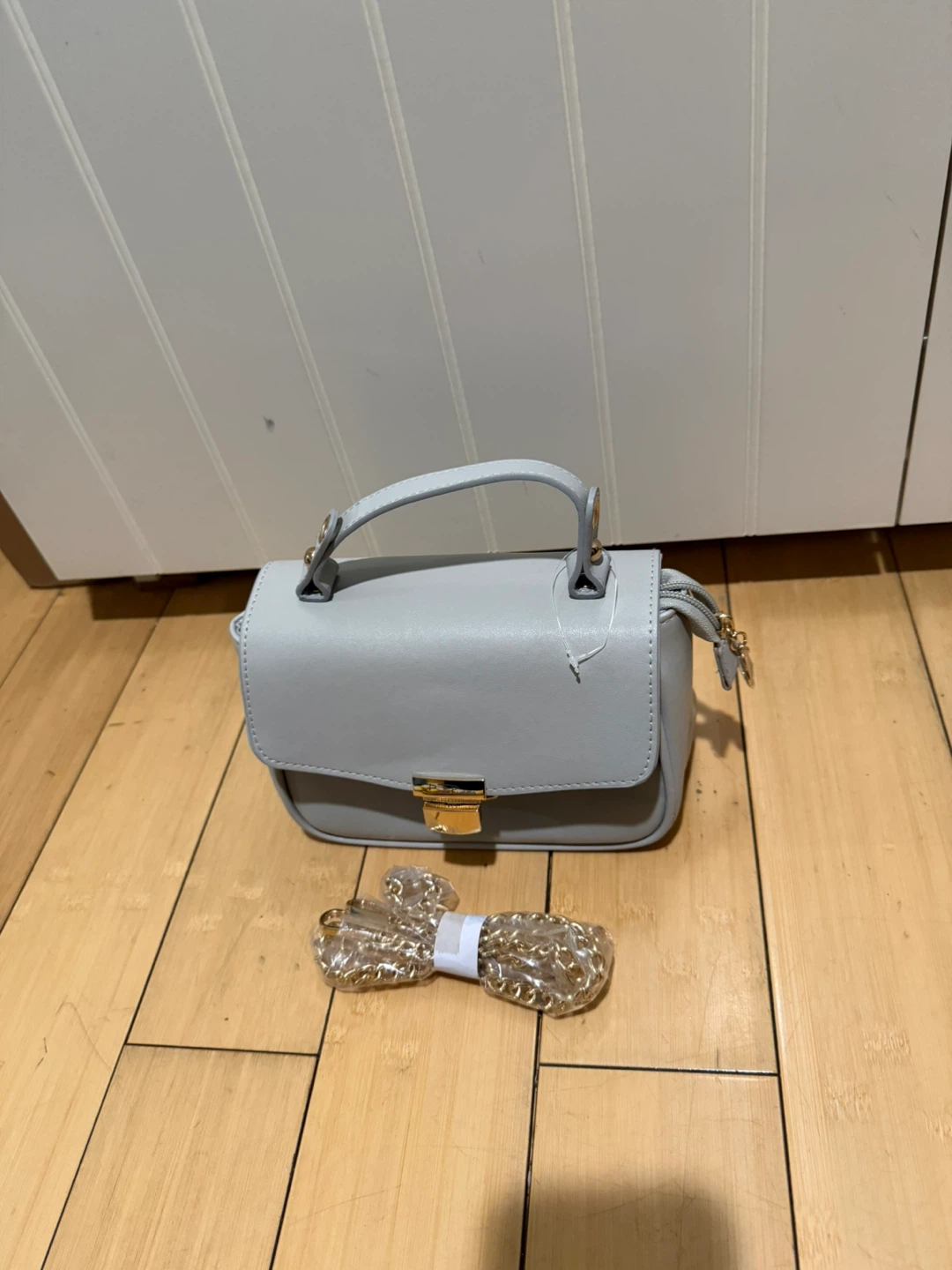 Light Gray Faux Leather Top Handle Handbag with Chain Strap - photo 3