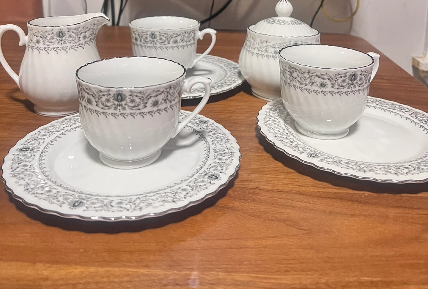 White Porcelain Tea Set with Silver Trim
