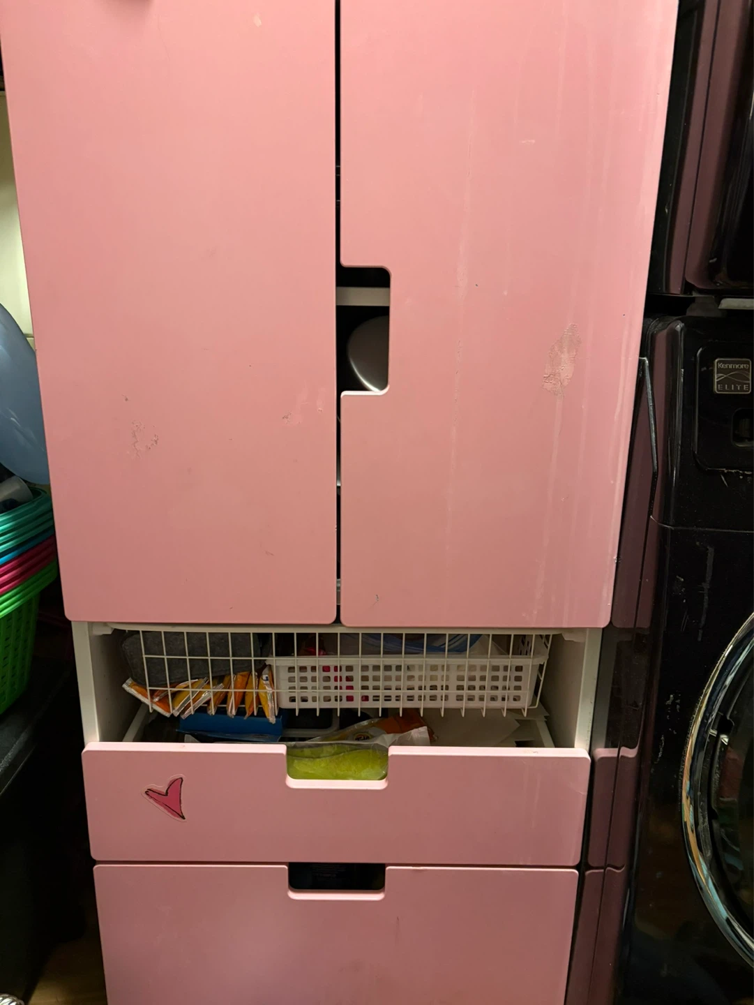 Pink Storage Cabinet with Drawer and Wire Basket