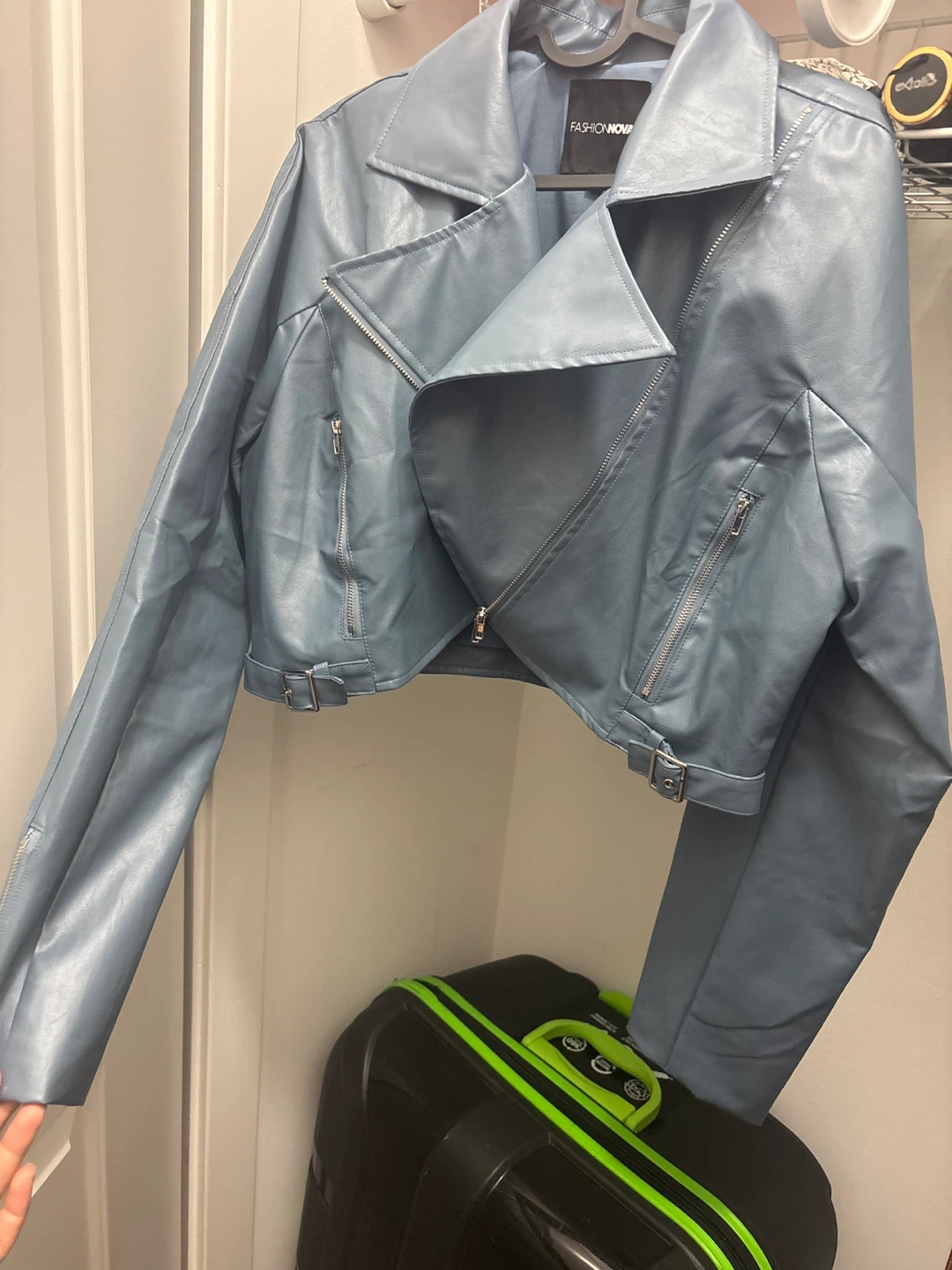 Fashion Nova Blue Faux Leather Cropped Moto Jacket