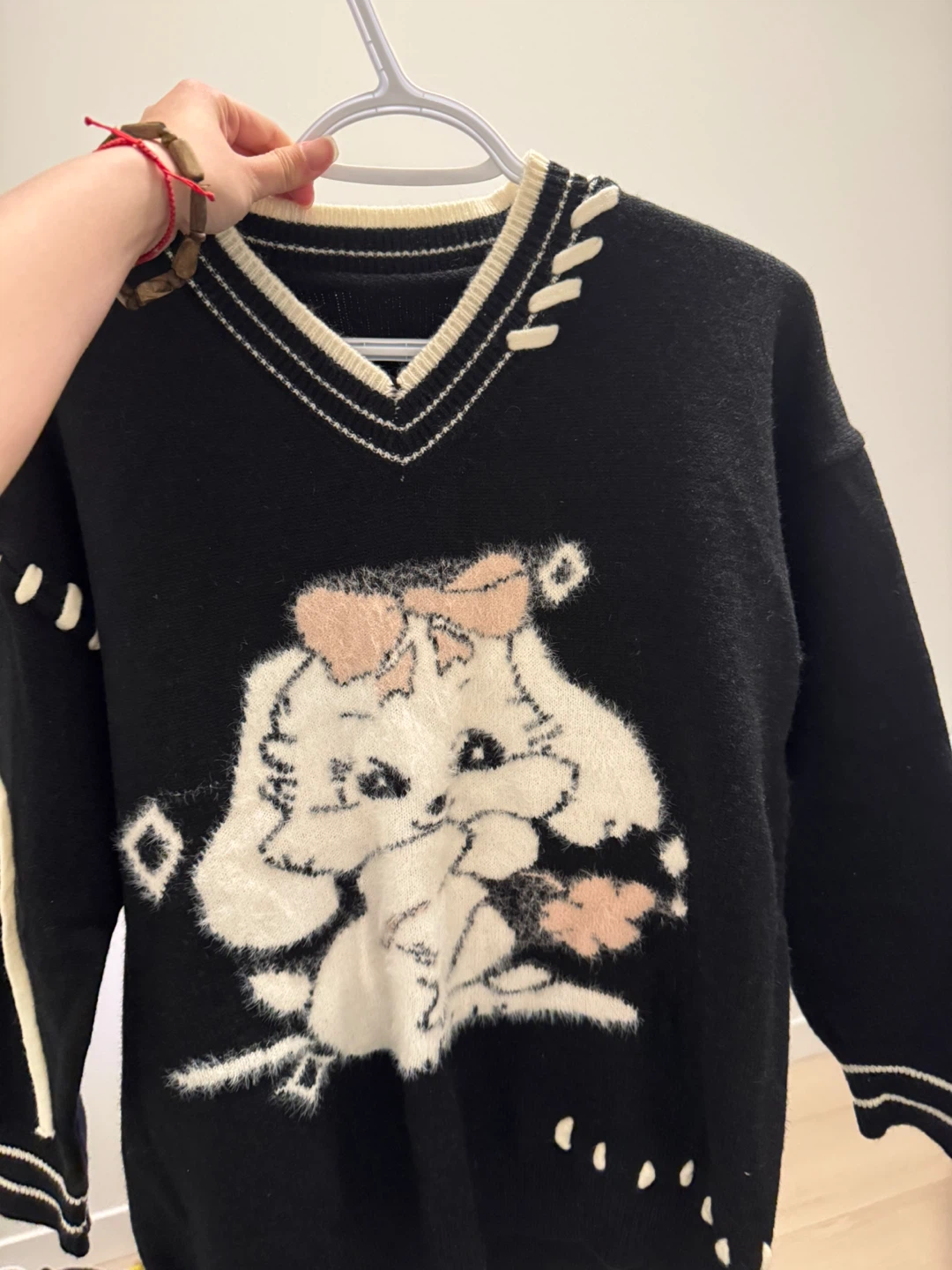 Black V-Neck Sweater with Kawaii Bunny Graphic