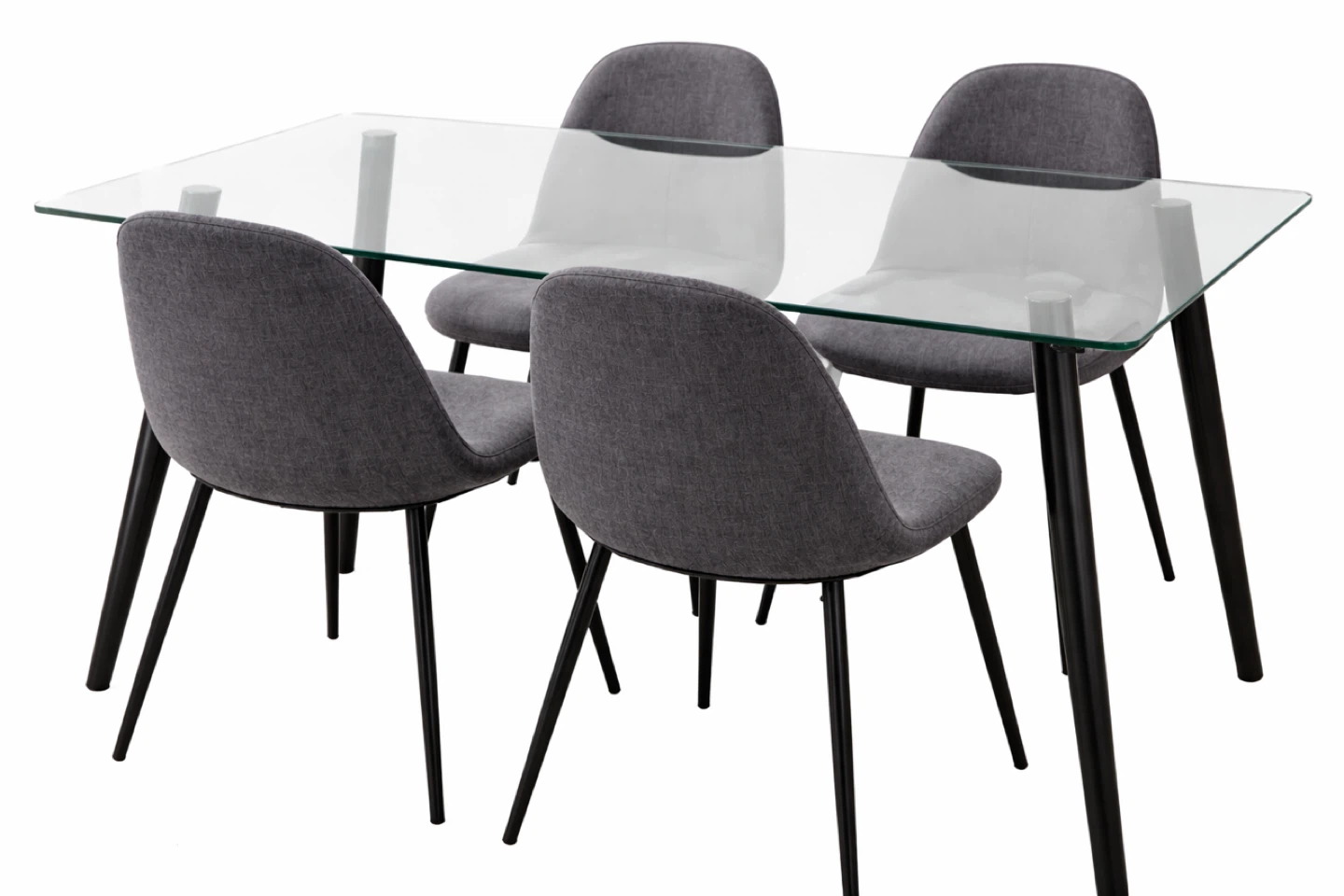 Glass top dining table with 4 gray chairs