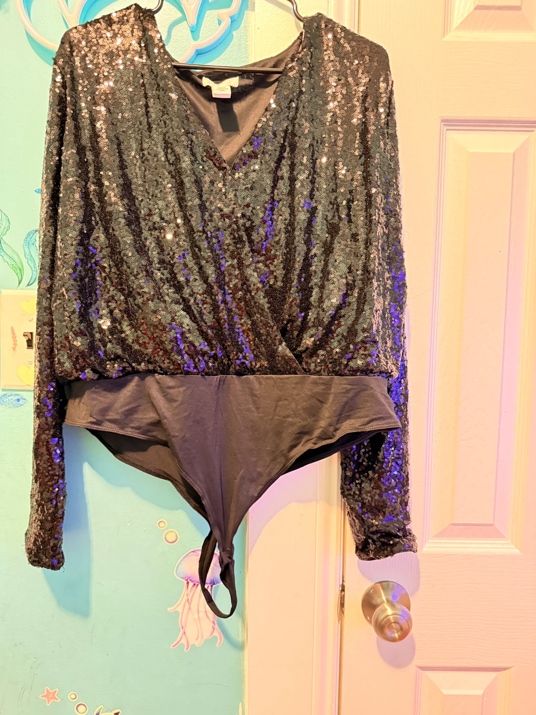 H&M Black Sequin Long Sleeve Bodysuit - XL