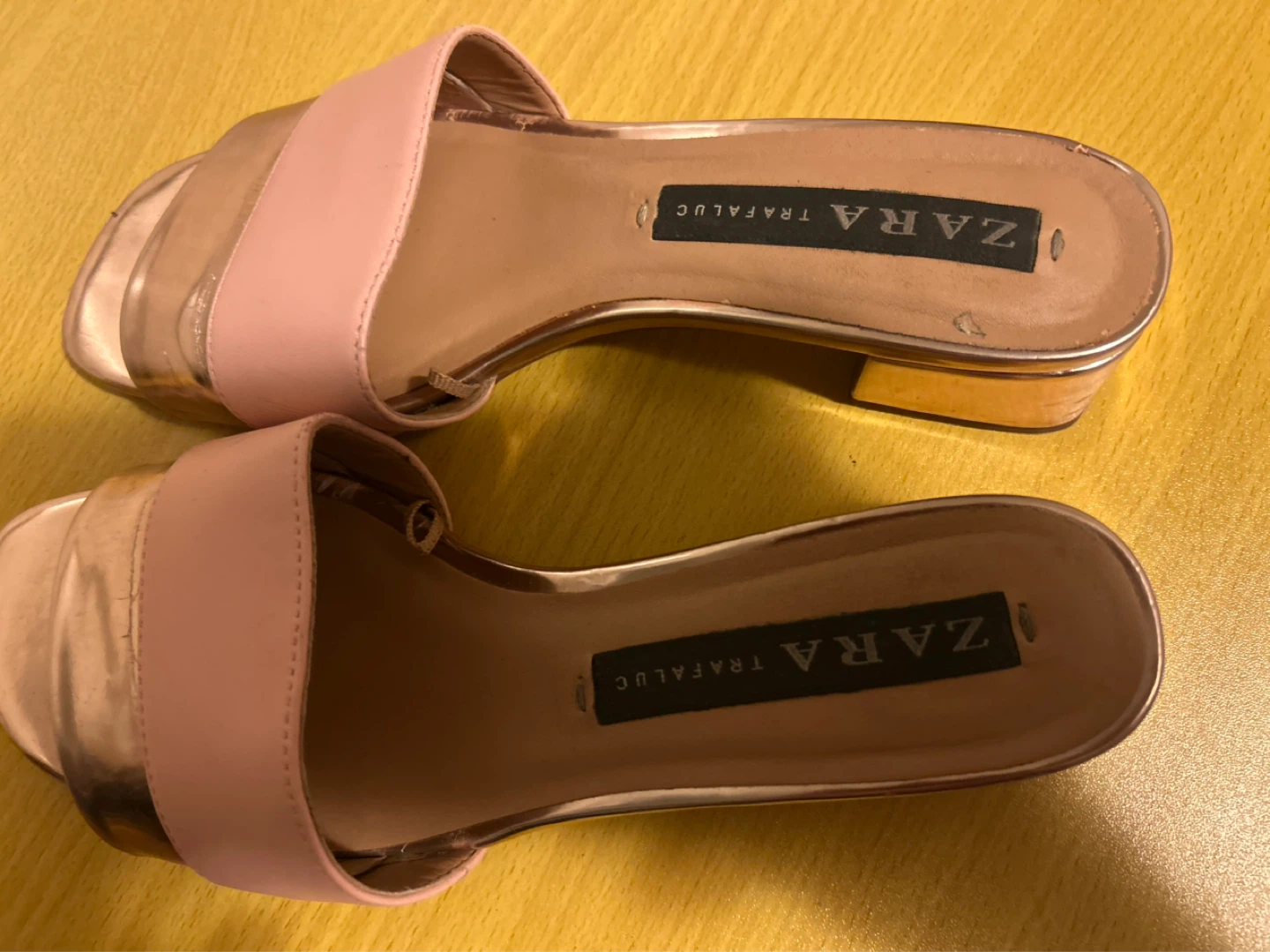 ZARA TRF Pink & Gold Block Heel Slides Size 37