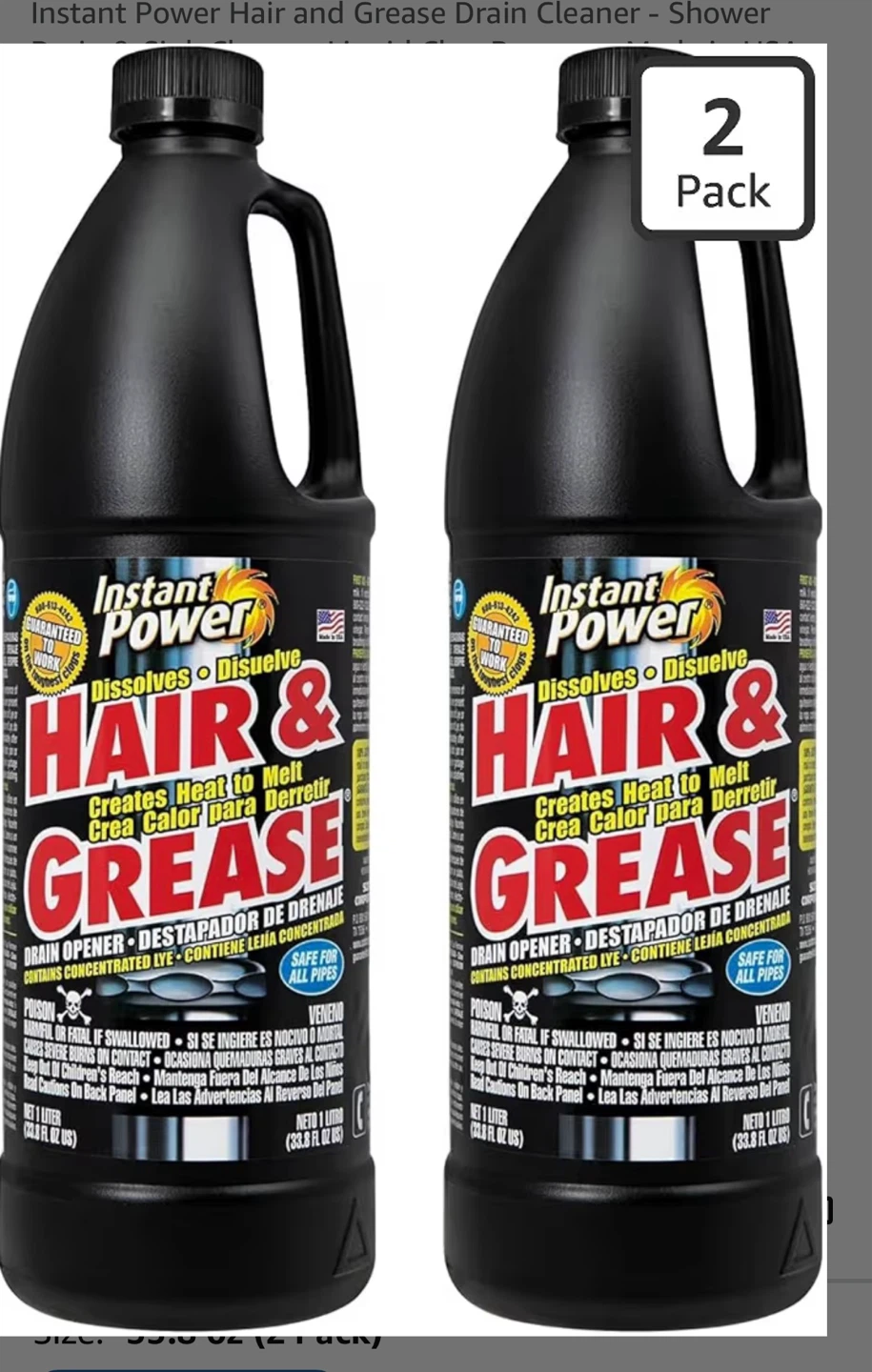 Instant Power Hair & Grease Drain Cleaner - 2 Pack
