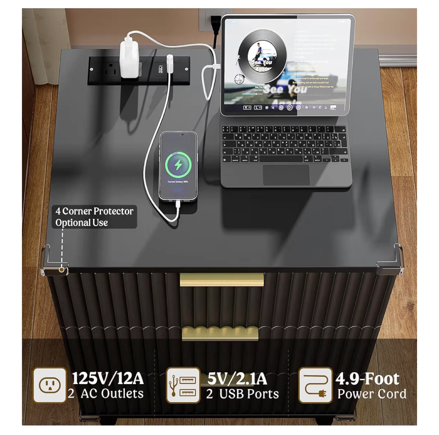 Black 3-Drawer Nightstand with Built-in Charging Station - photo 3