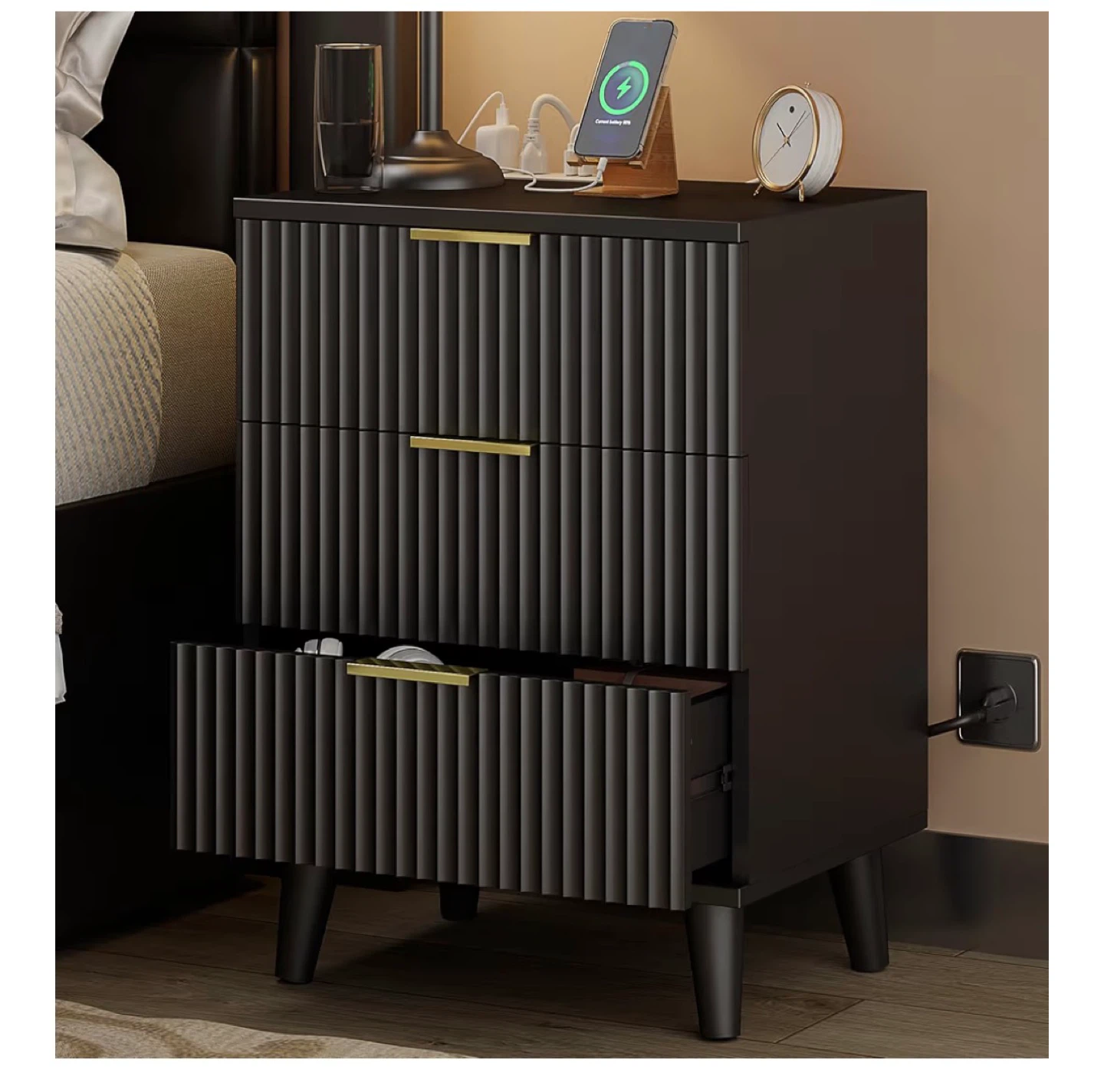 Black 3-Drawer Nightstand with Built-in Charging Station
