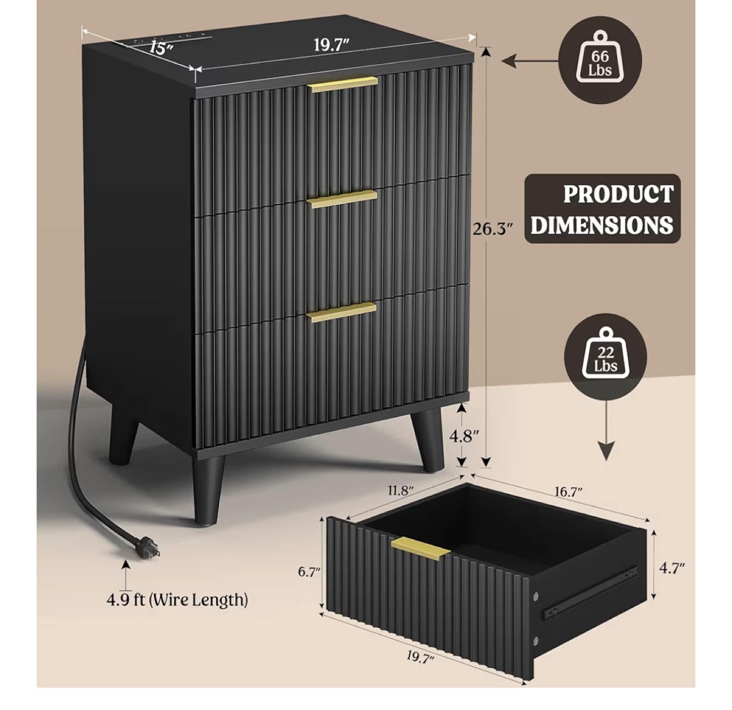 Black 3-Drawer Nightstand with Built-in Charging Station - photo 2