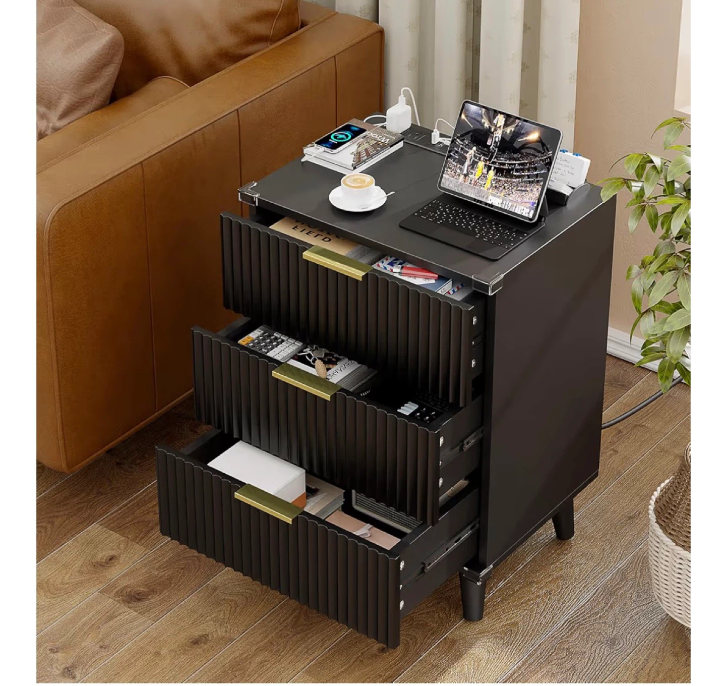 Black 3-Drawer Nightstand with Built-in Charging Station - photo 4