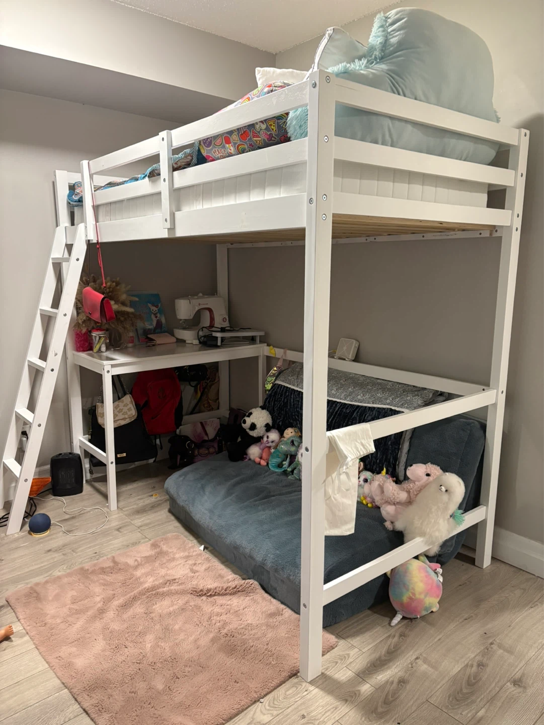 White Loft Bed with integrated desk and ladder