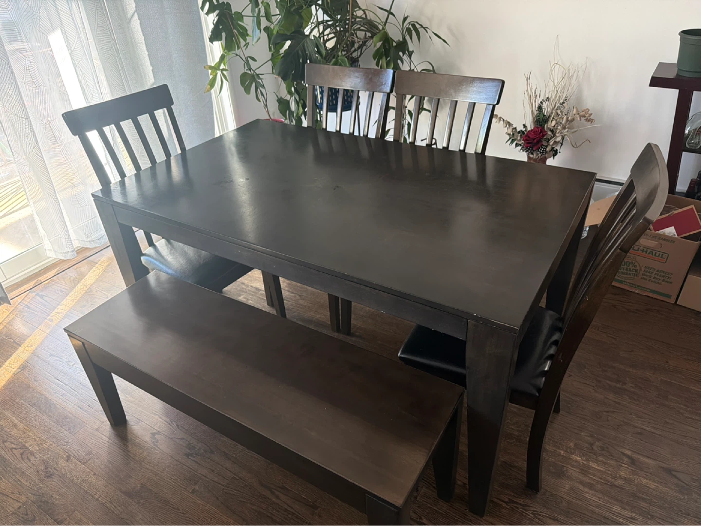 Dark Wood Dining Table Set with Bench and Chairs