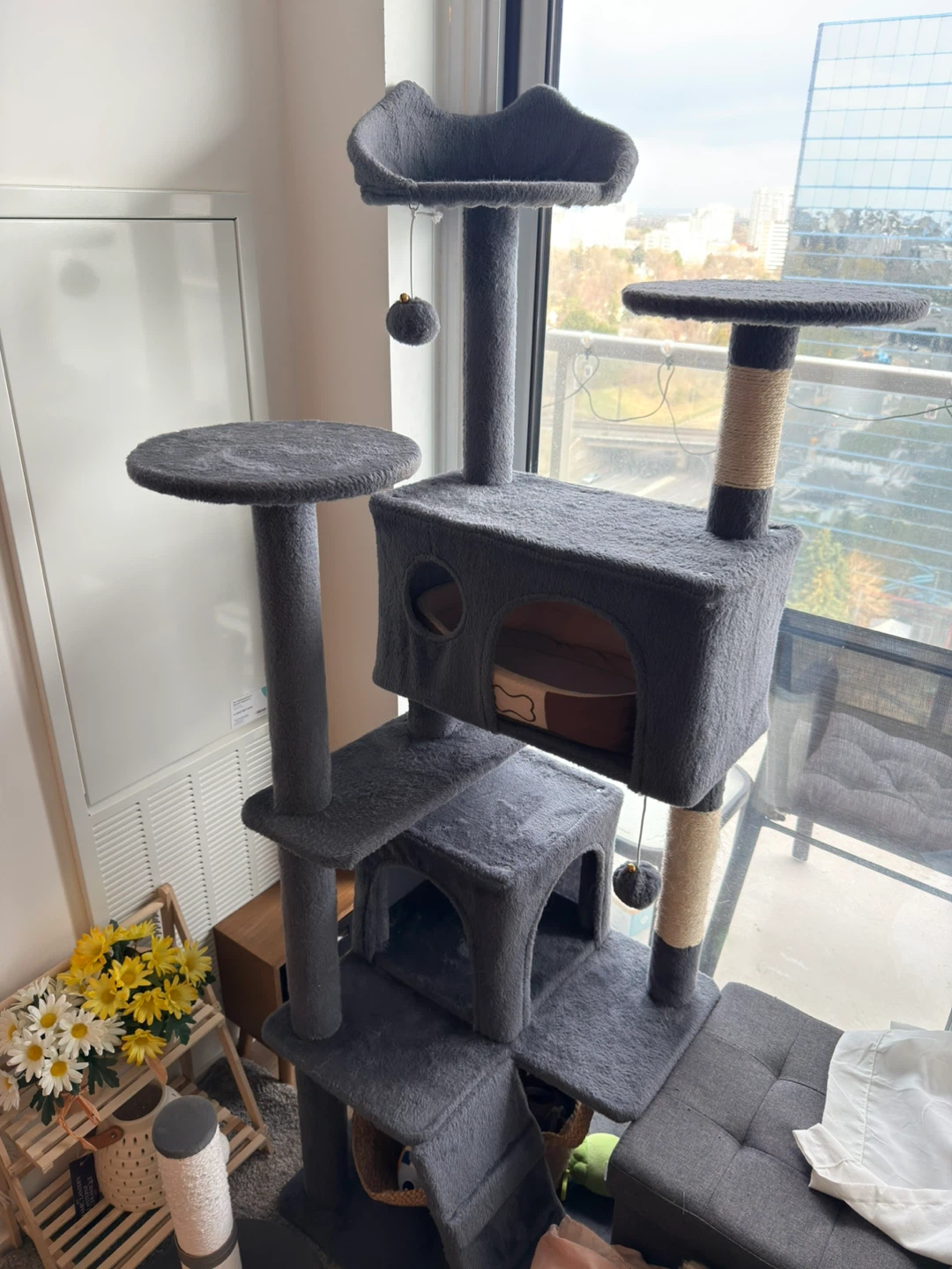 Grey Cat Tree with Multiple Levels and Perches