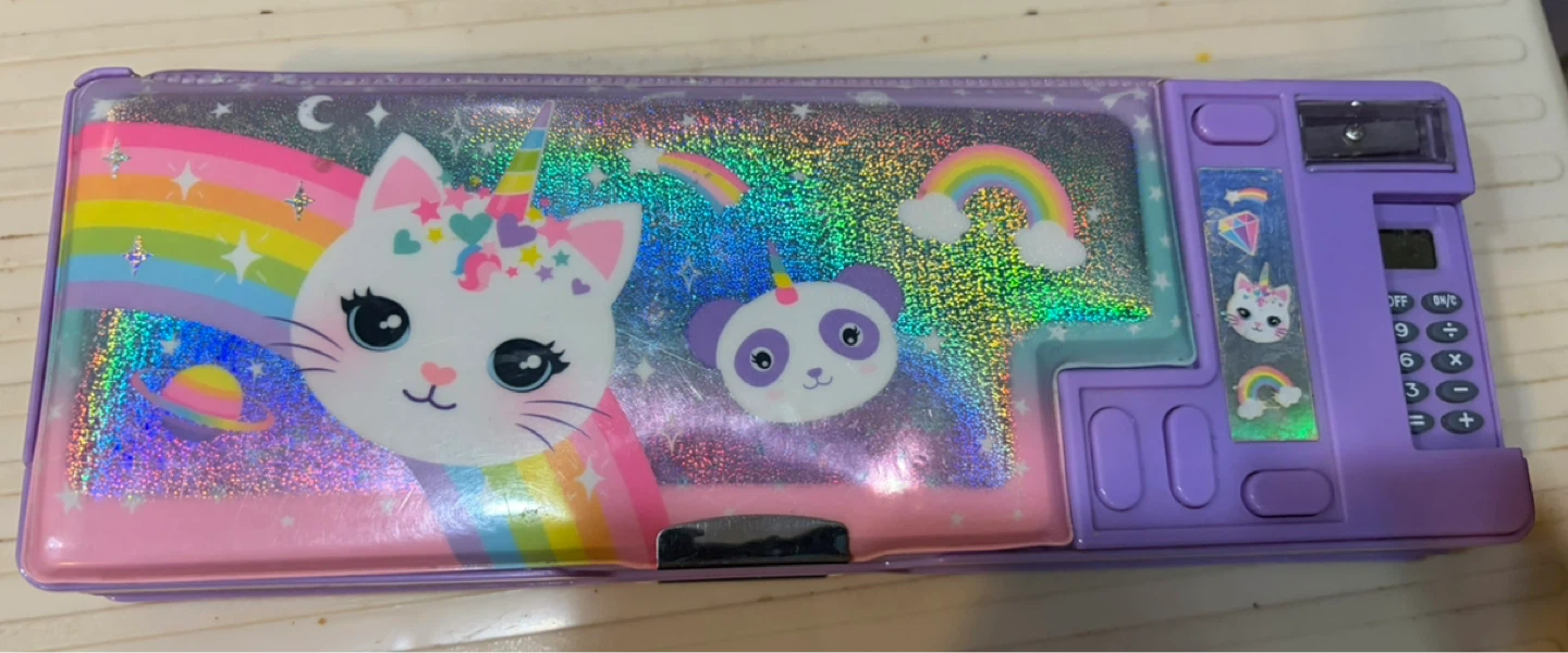 Purple Unicorn Cat Panda Pencil Case with Calculator