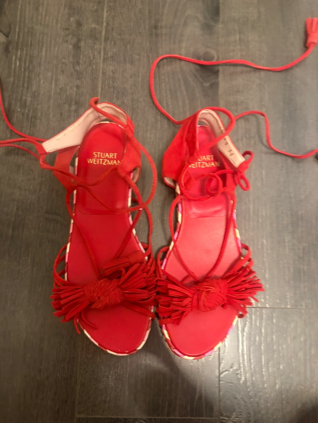Stuart Weitzman Red Suede Lace-Up Tassel Sandals Size 36