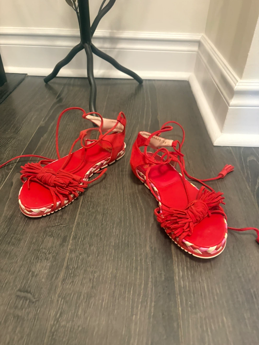 Stuart Weitzman Red Suede Lace-Up Tassel Sandals Size 36 - photo 2