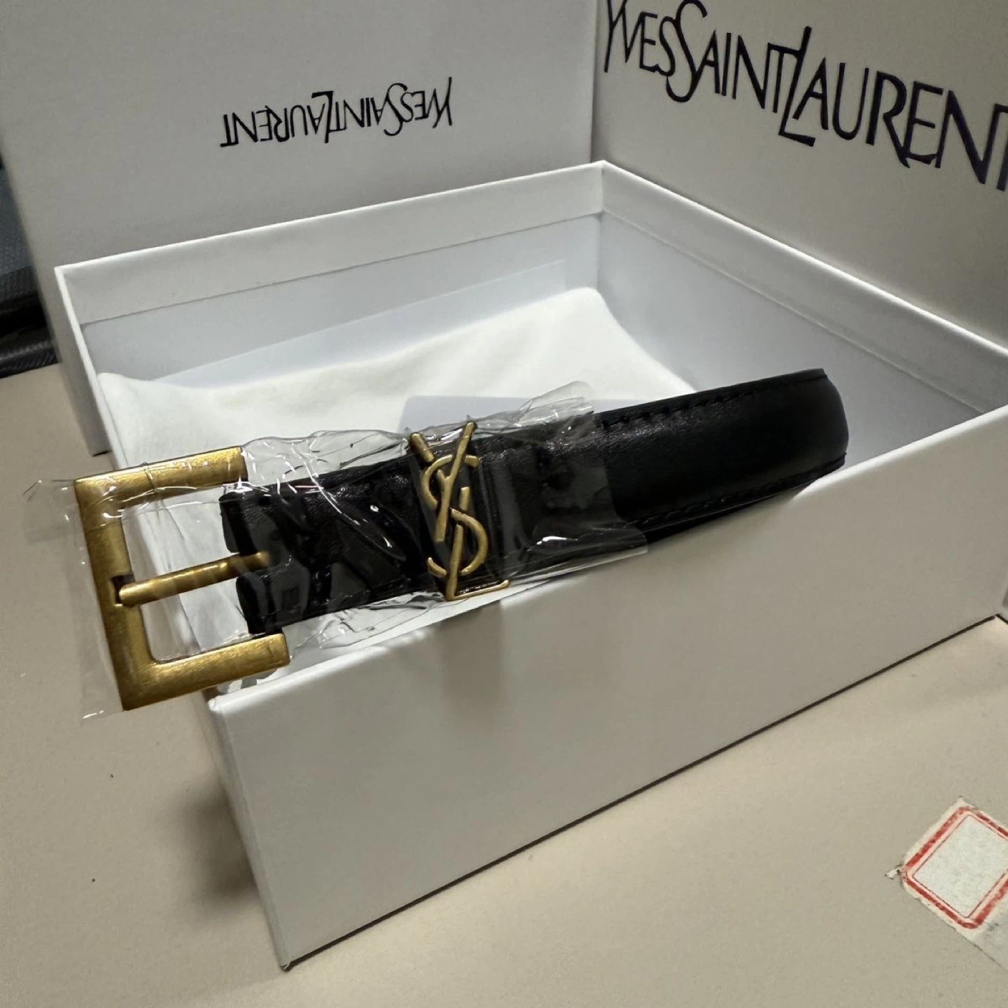 Yves Saint Laurent Black Leather Belt with Gold Buckle