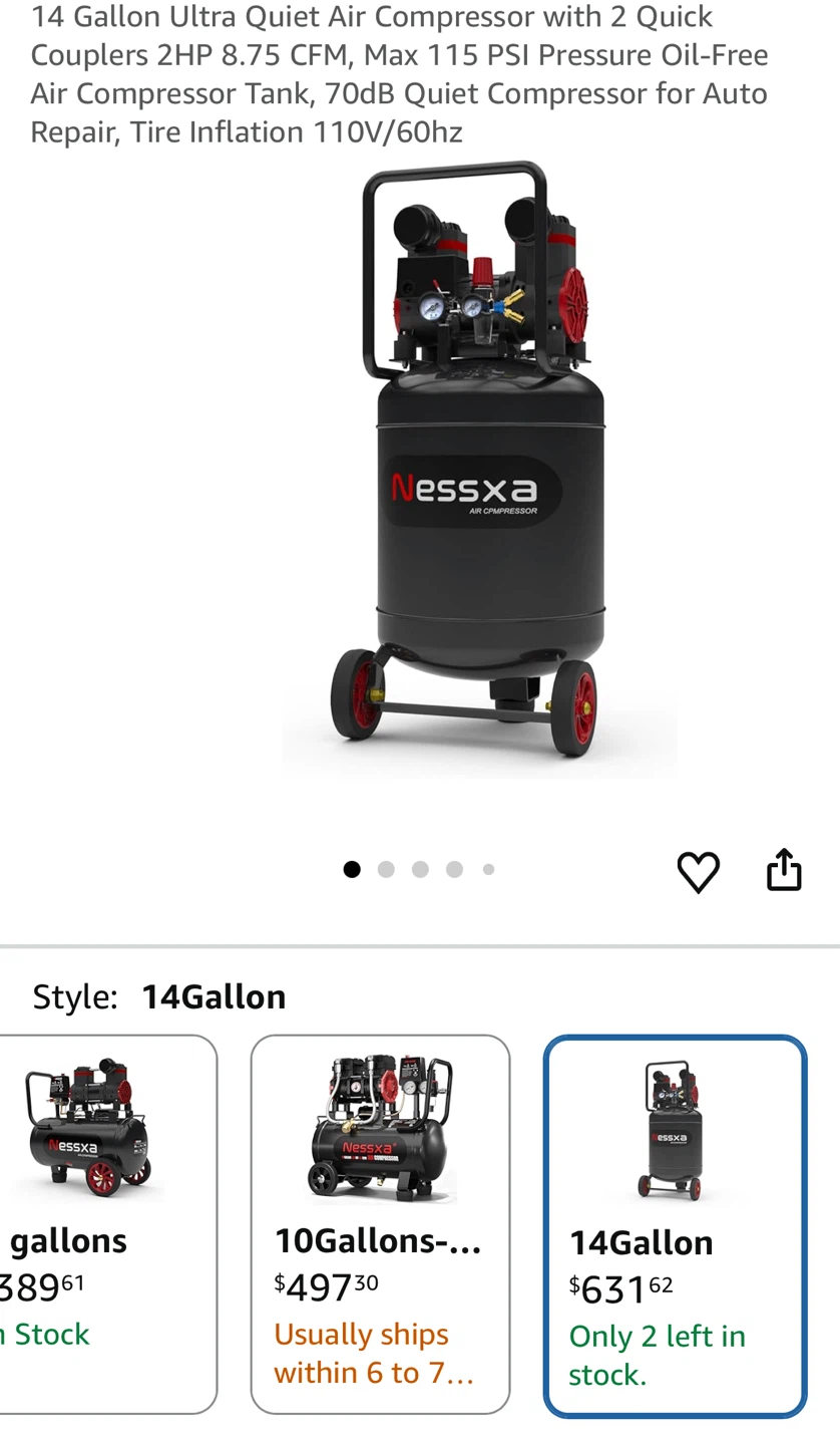 Nessxa 14 Gallon Ultra Quiet Air Compressor 2HP