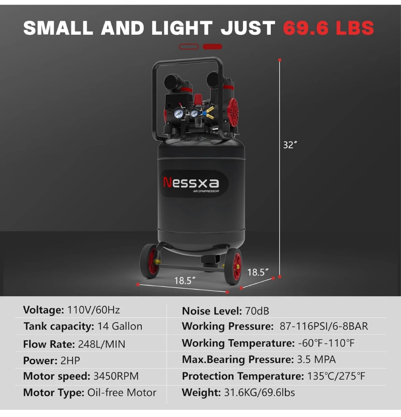 Nessxa 14 Gallon Ultra Quiet Air Compressor 2HP - photo 5