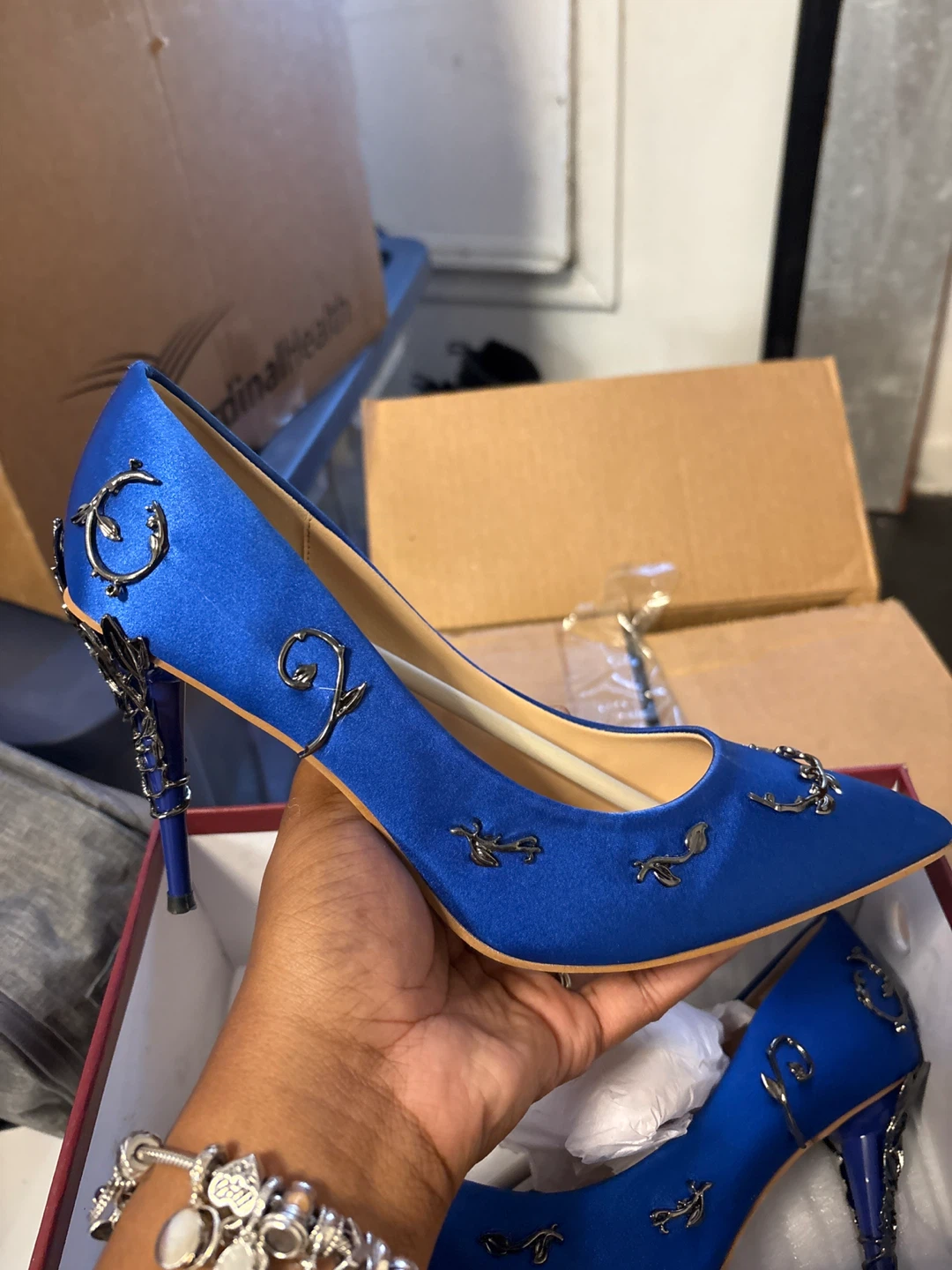 Royal Blue Satin Heels with Silver Embellishments