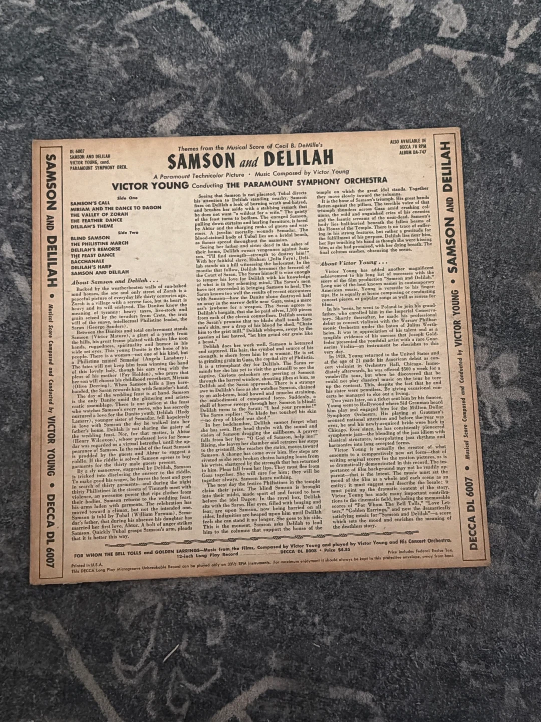 Samson and Delilah Original Soundtrack Vinyl Record DL 6007 - photo 2