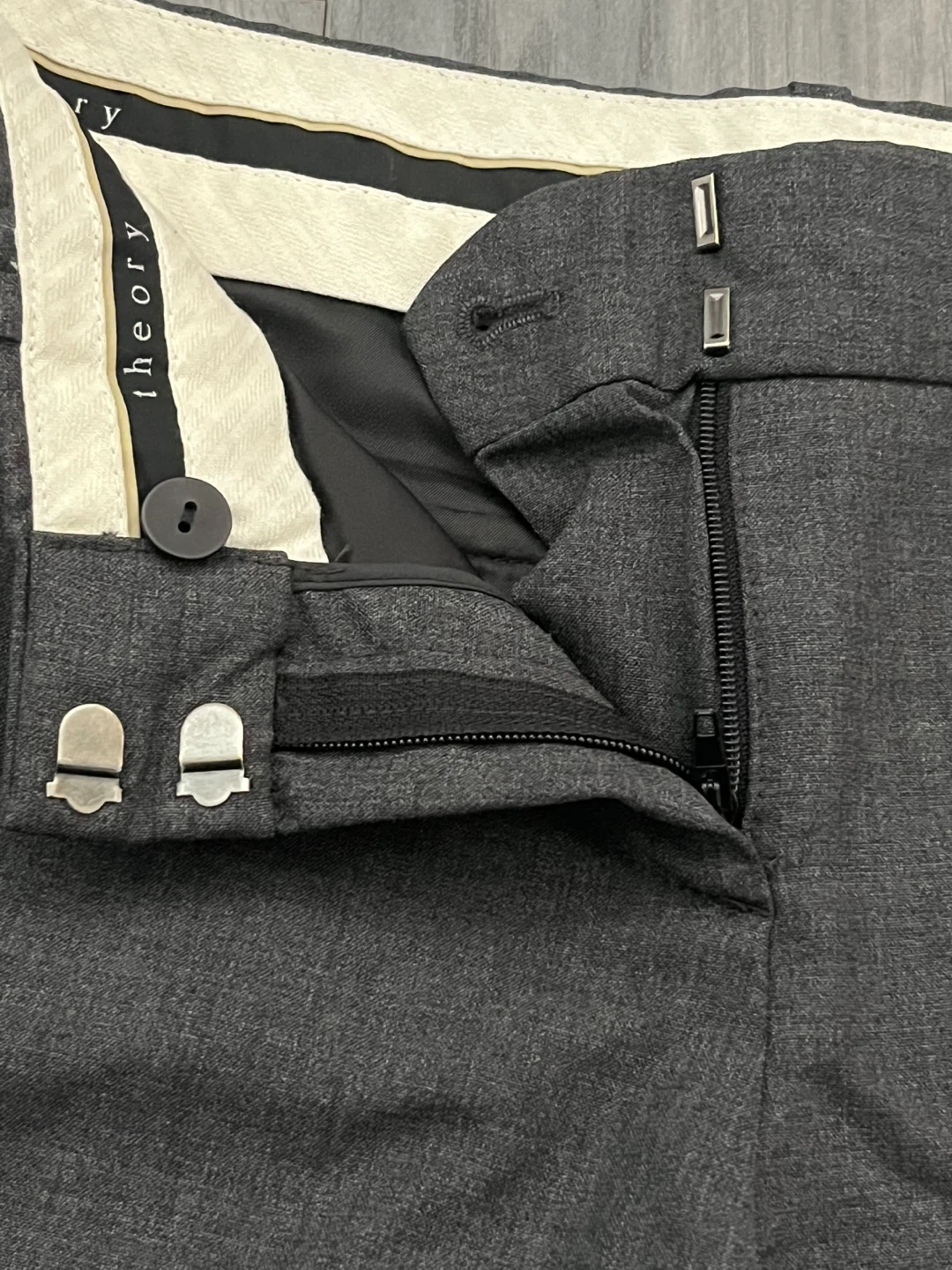 Wool Low-Waisted Wide Leg Theory Dark Grey Trousers | Women - photo 3