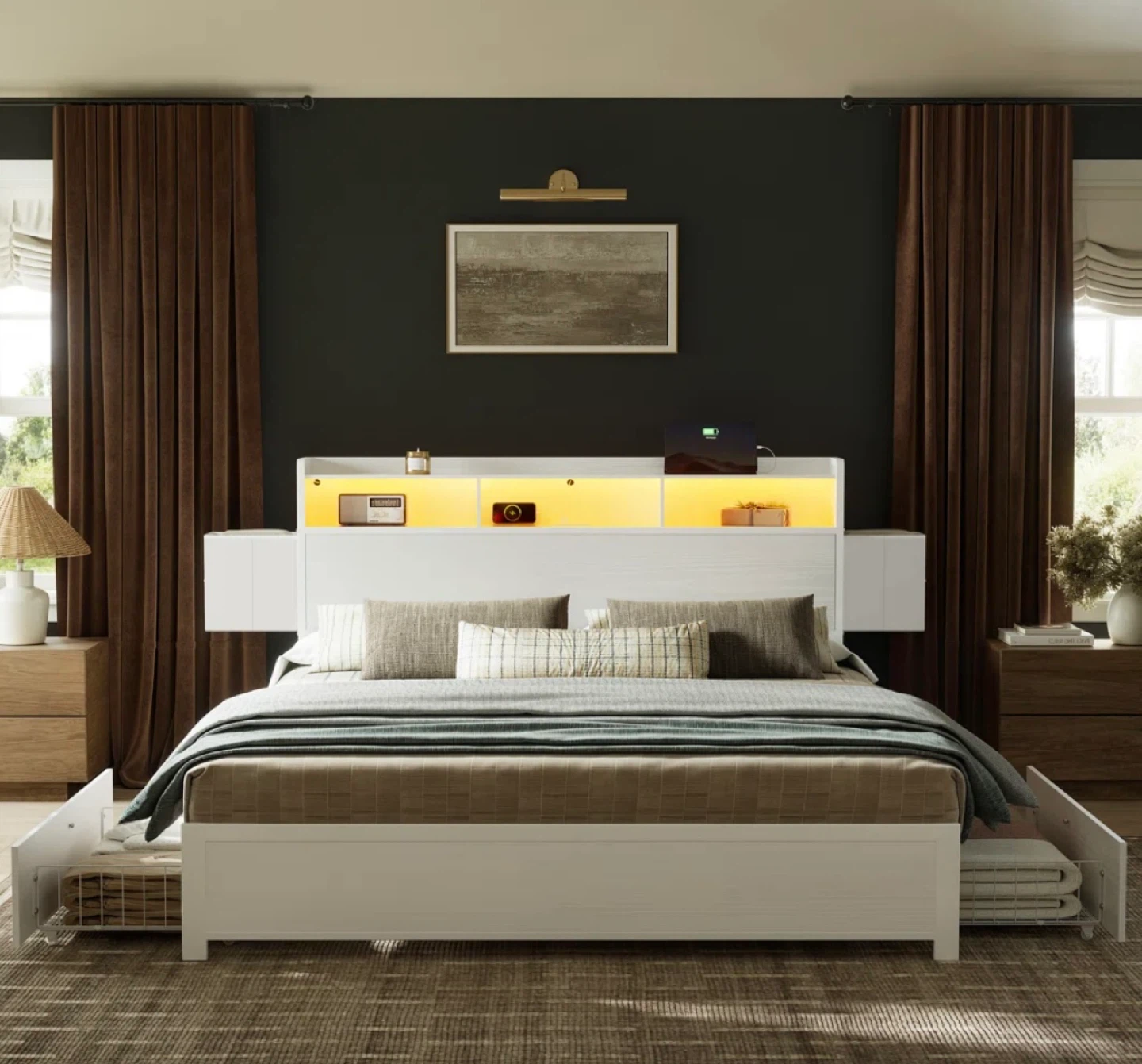 New - Queen Bed Frame w/ drawers, lights, charging