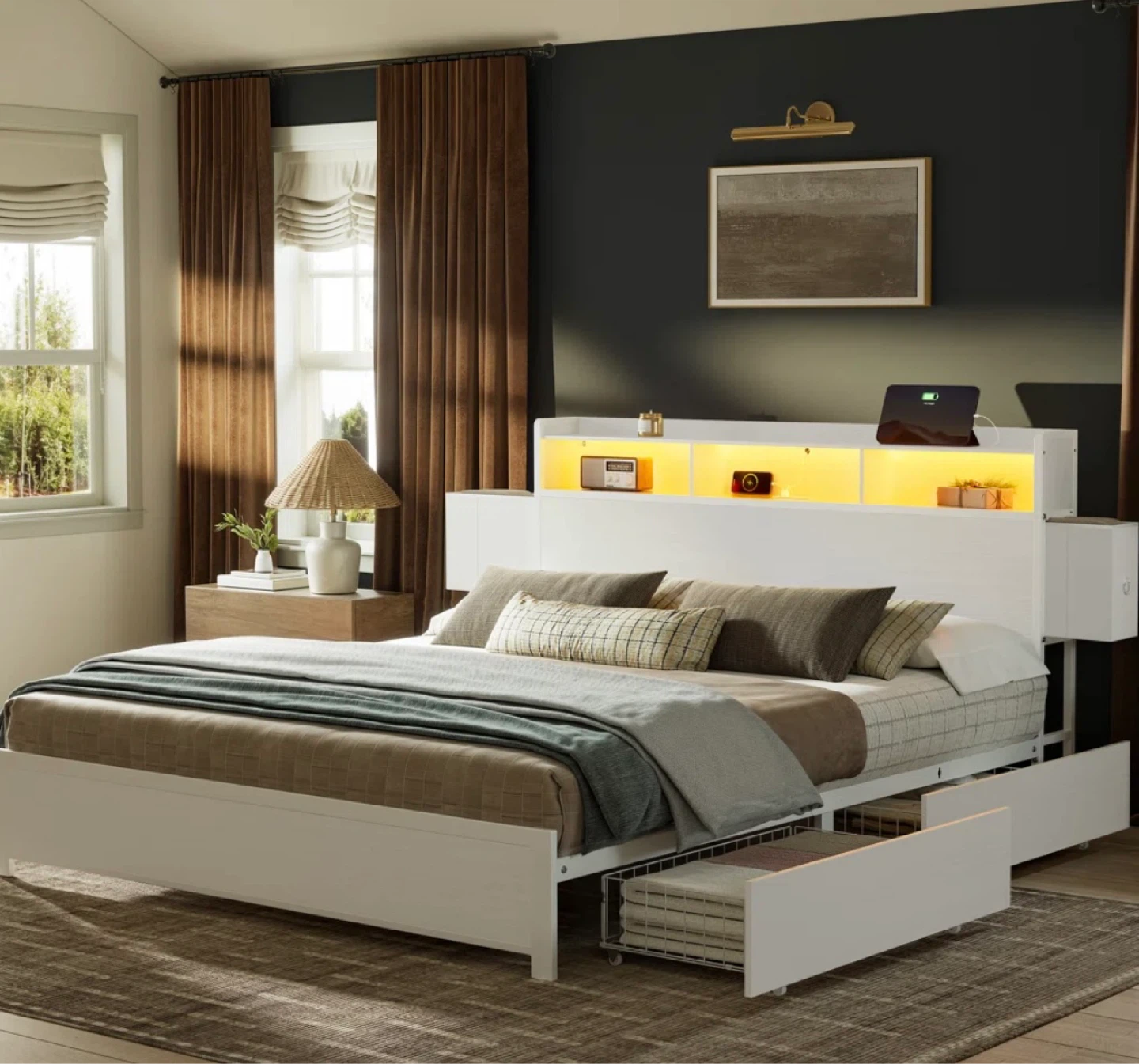 New - Queen Bed Frame w/ drawers, lights, charging - photo 2
