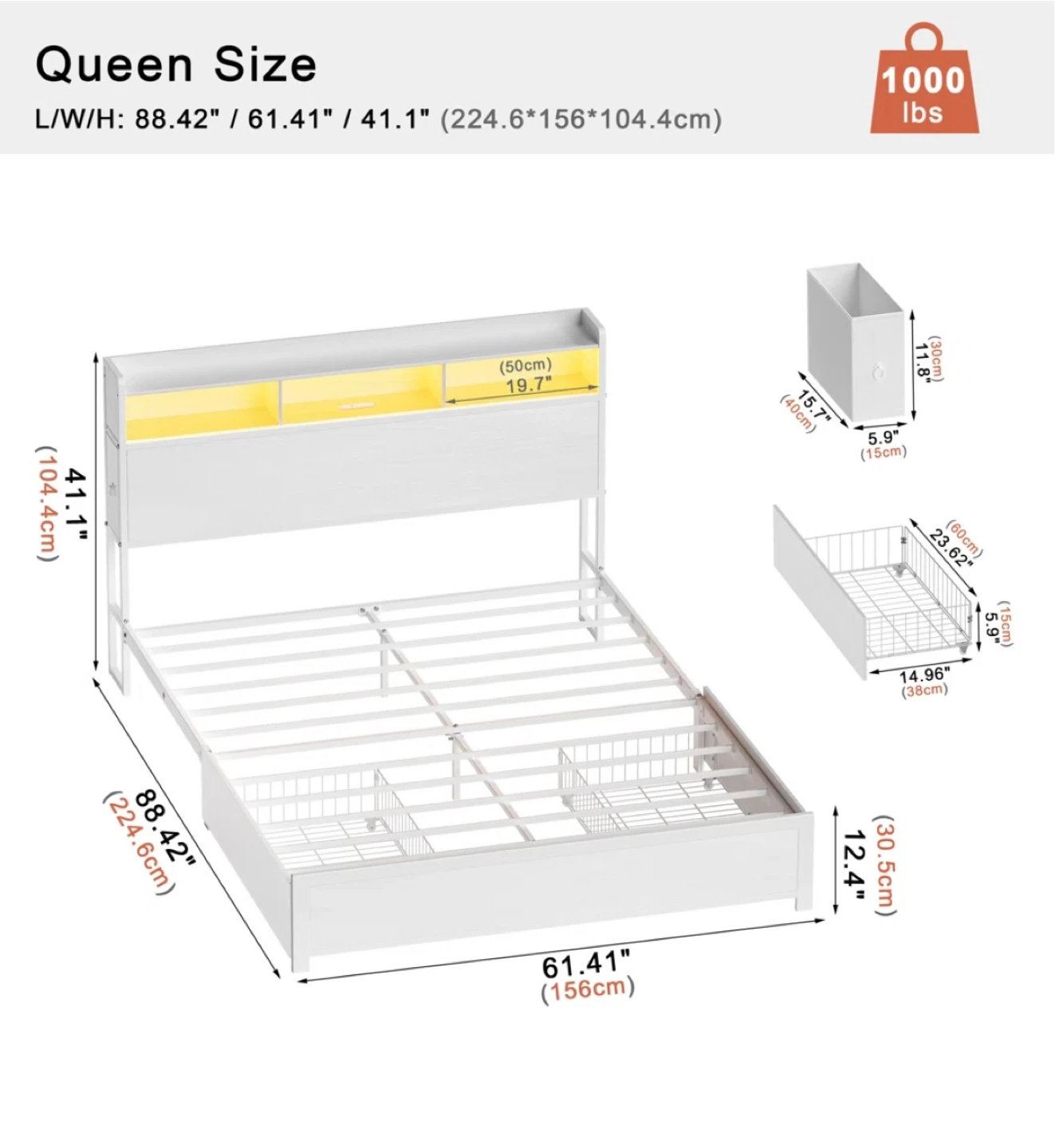 New - Queen Bed Frame w/ drawers, lights, charging - photo 4