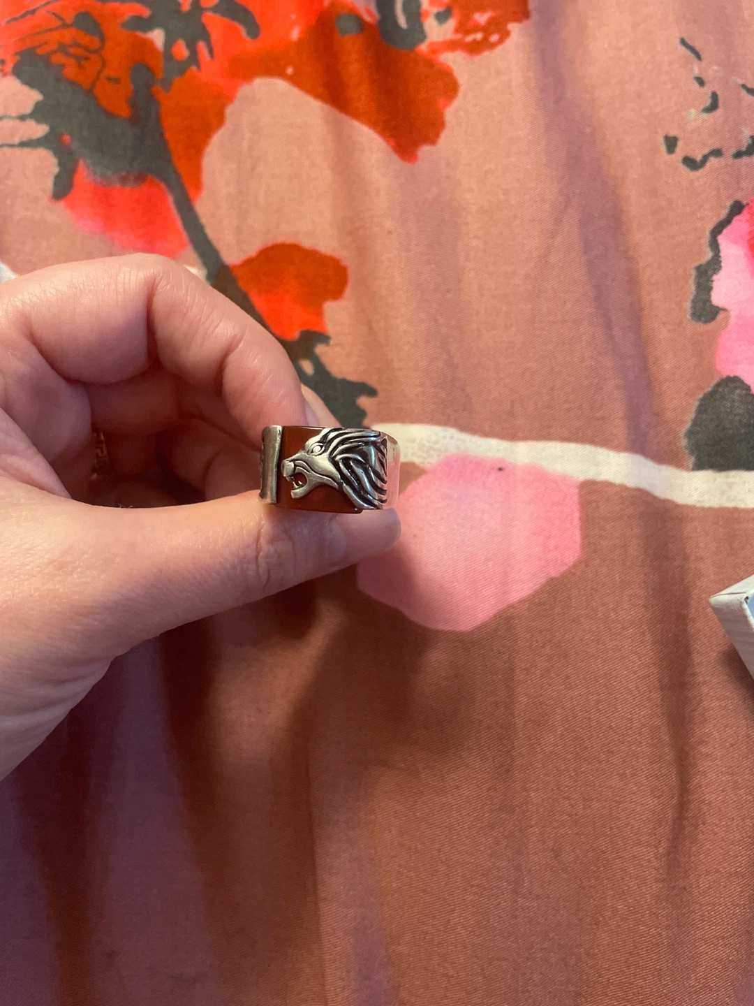 Sterling Silver Lion Head Ring with Red Stone