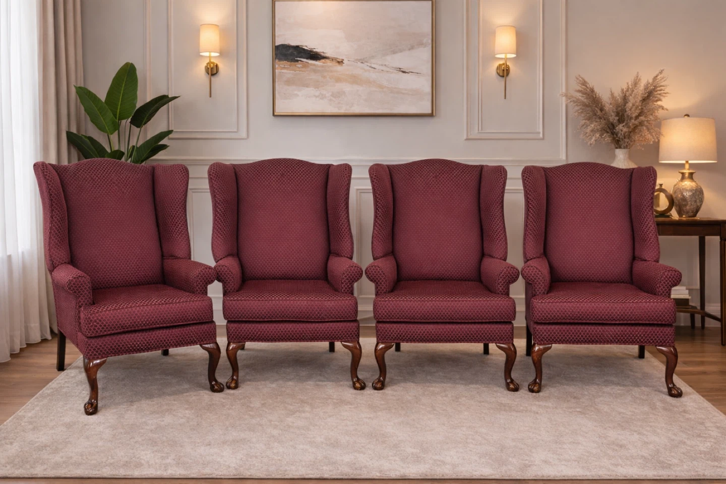 Four Burgundy Wingback Accent Chairs