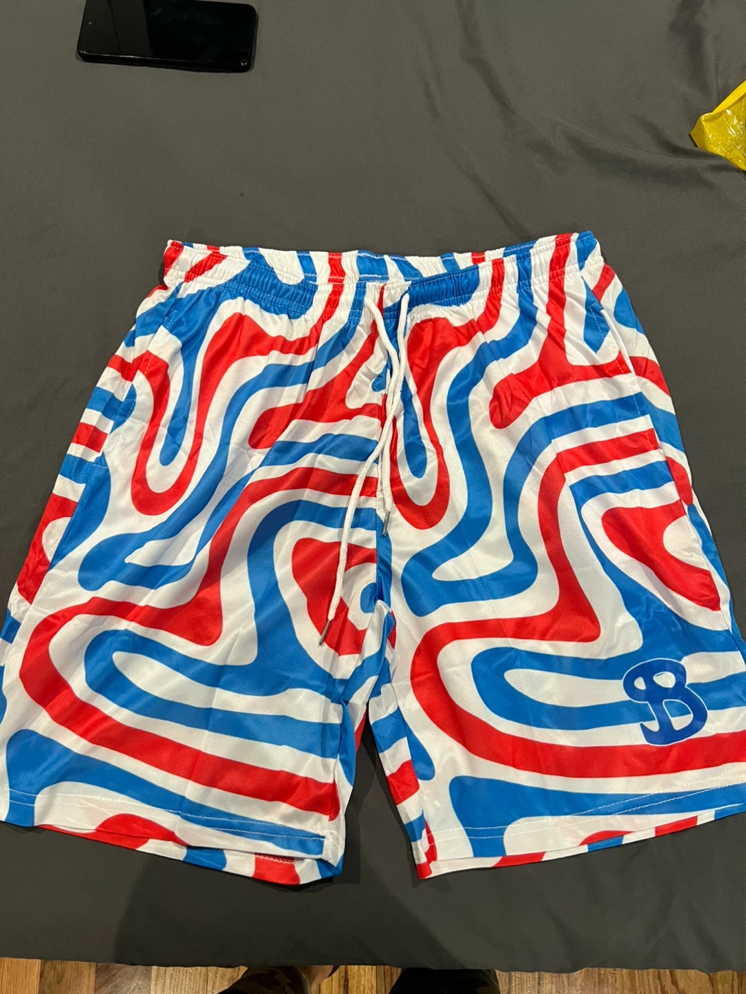Red, White, and Blue Swirl Pattern Athletic Shorts Size XL