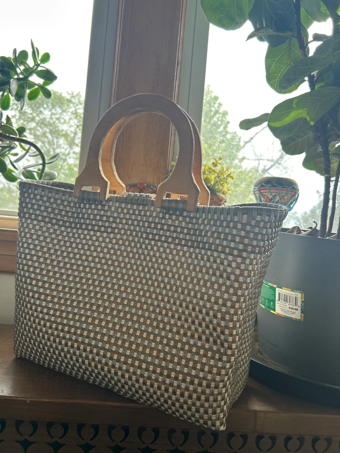 Woven Tote Bag with Wood Handles